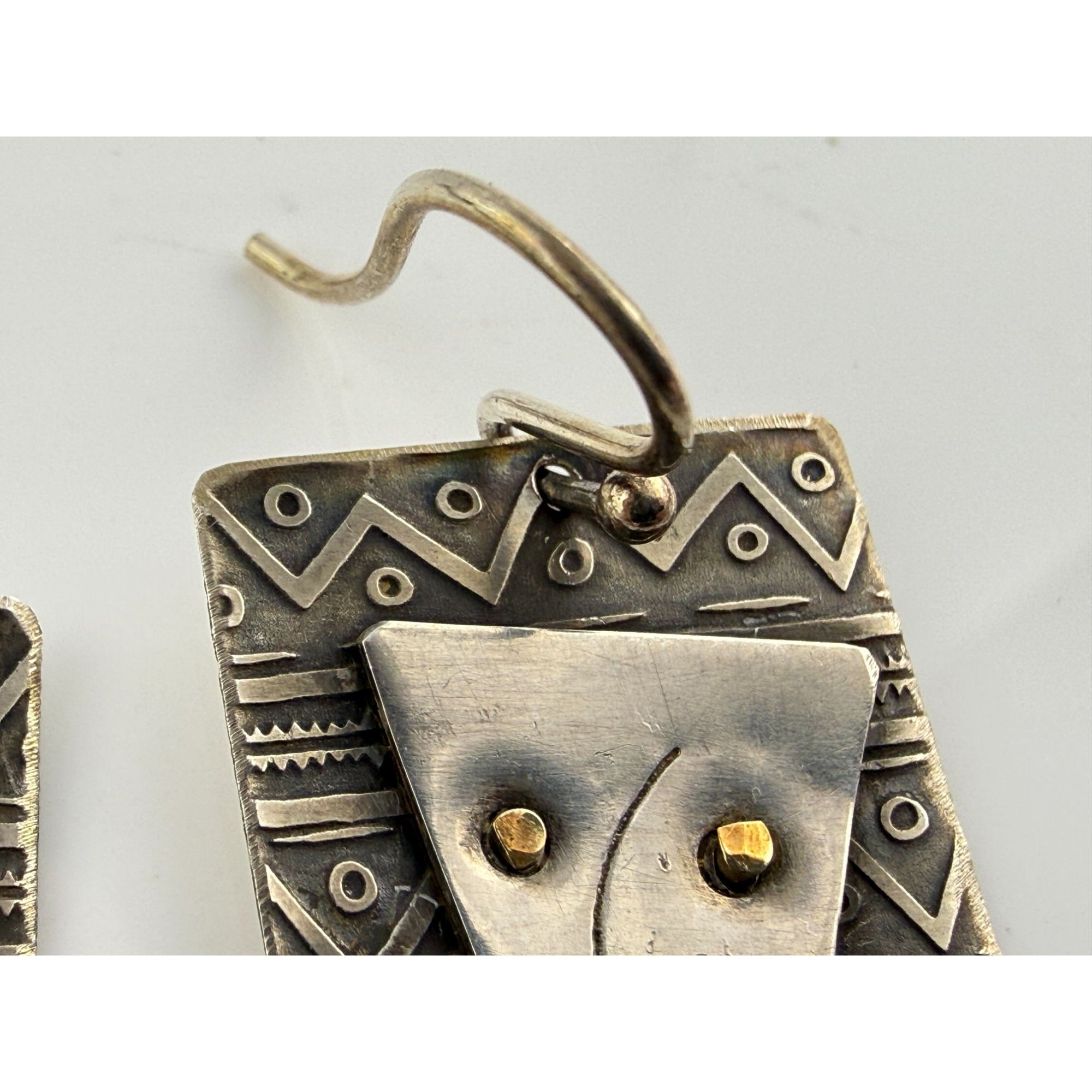 Vintage Handmade Abstract Sterling Silver and Brass Face Earrings 4.6g 1.25 Inch