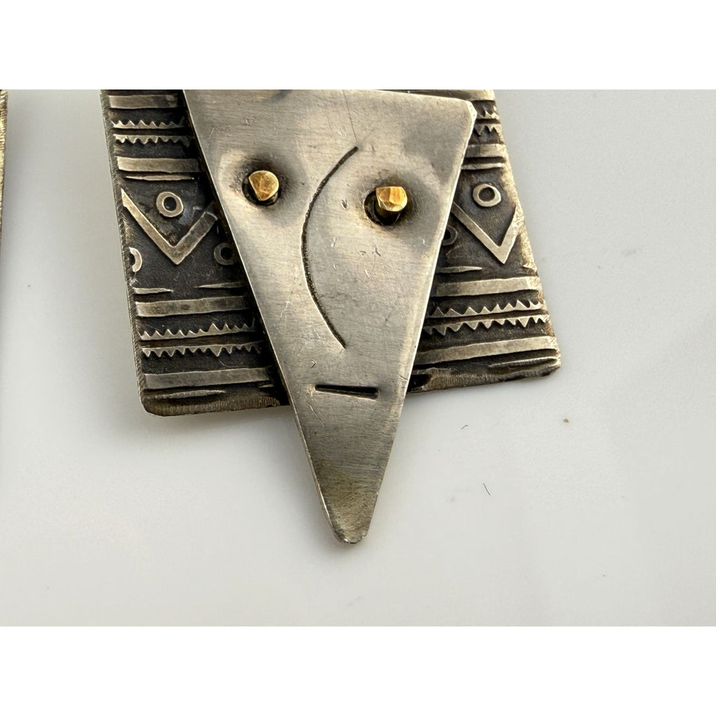 Vintage Handmade Abstract Sterling Silver and Brass Face Earrings 4.6g 1.25 Inch