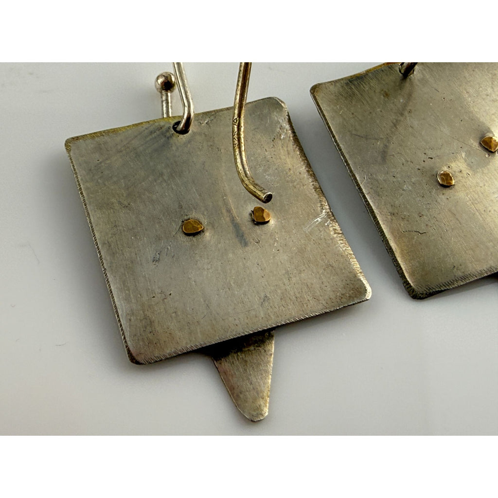 Vintage Handmade Abstract Sterling Silver and Brass Face Earrings 4.6g 1.25 Inch