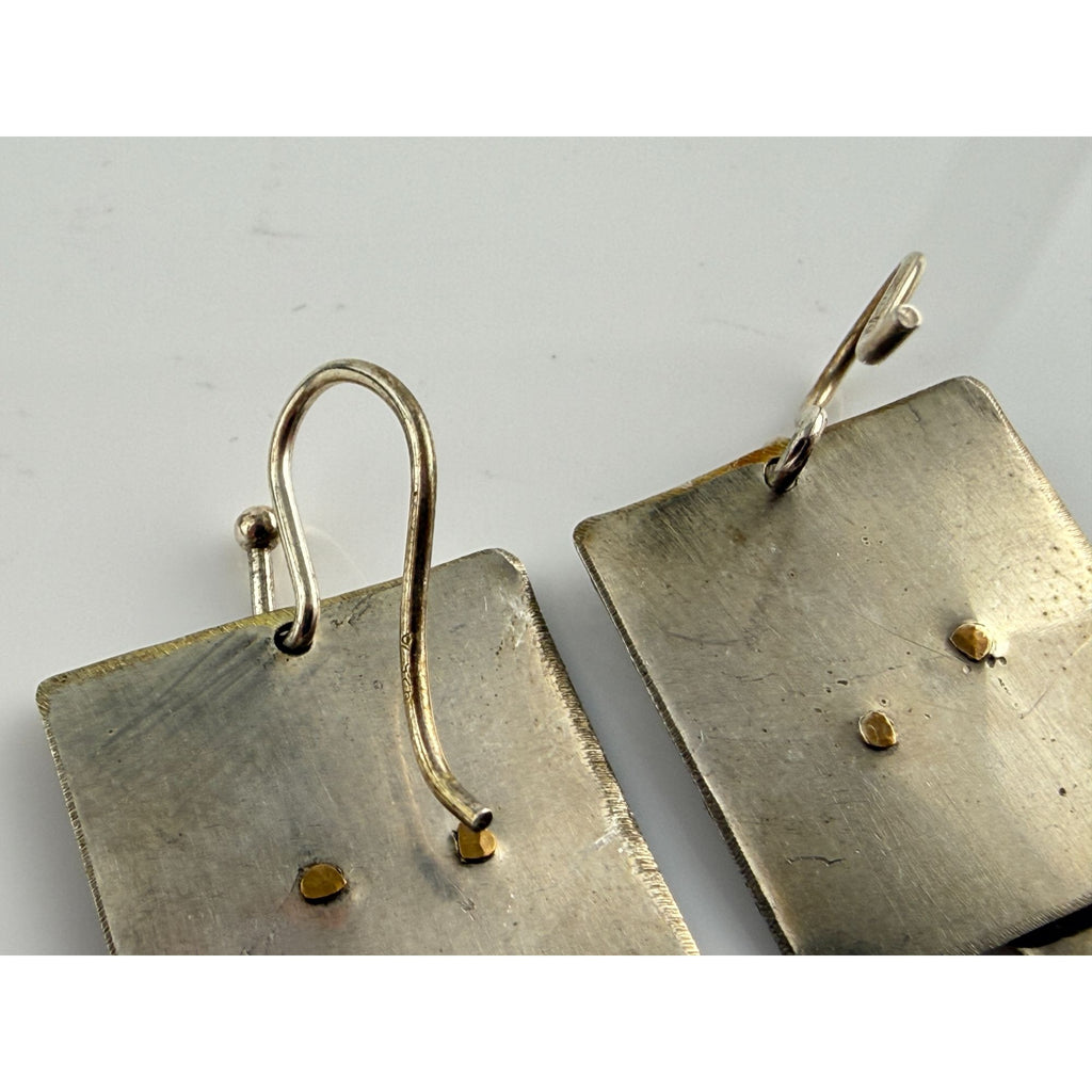 Vintage Handmade Abstract Sterling Silver and Brass Face Earrings 4.6g 1.25 Inch
