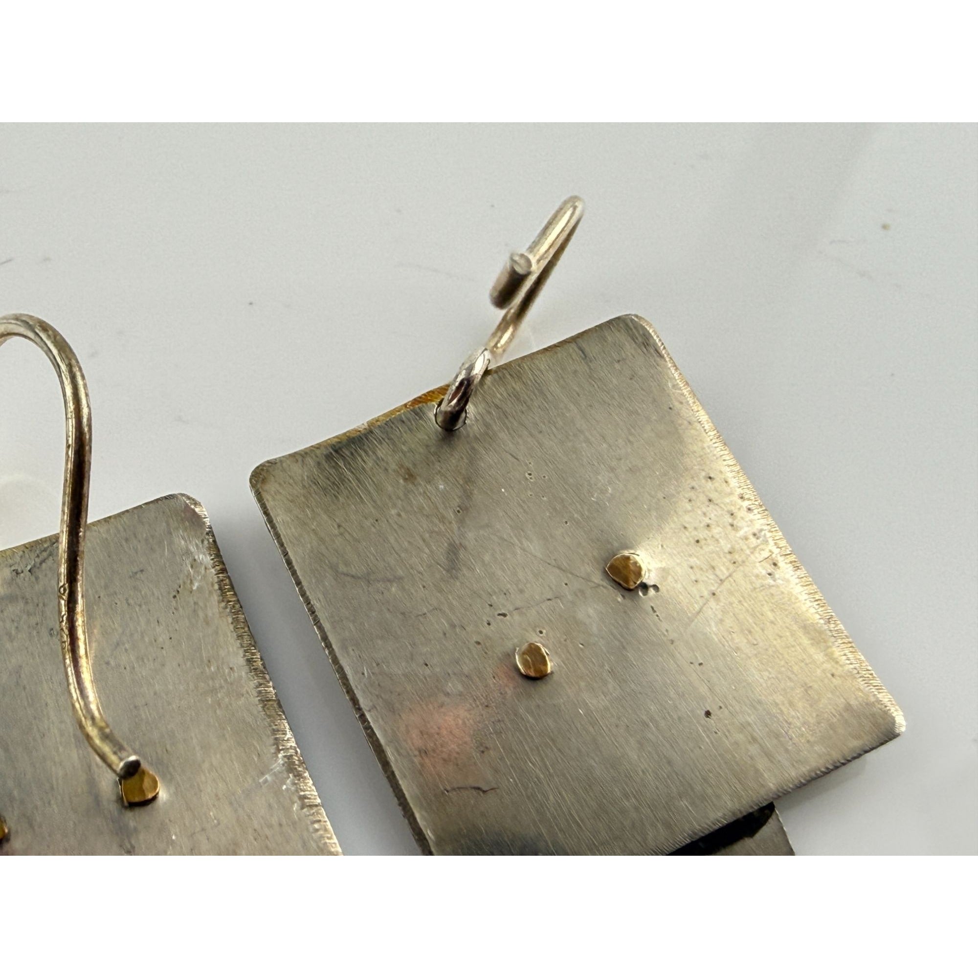 Vintage Handmade Abstract Sterling Silver and Brass Face Earrings 4.6g 1.25 Inch