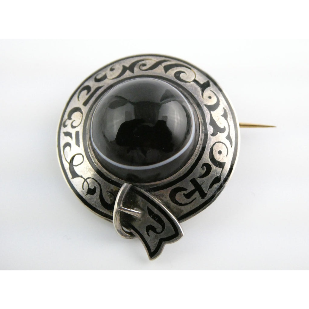 Antique Sterling Silver Black White Agate Buckle Brooch Gold Pin Bar 20g 38mm