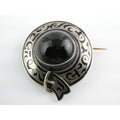 Antique Sterling Silver Black White Agate Buckle Brooch Gold Pin Bar 20g 38mm