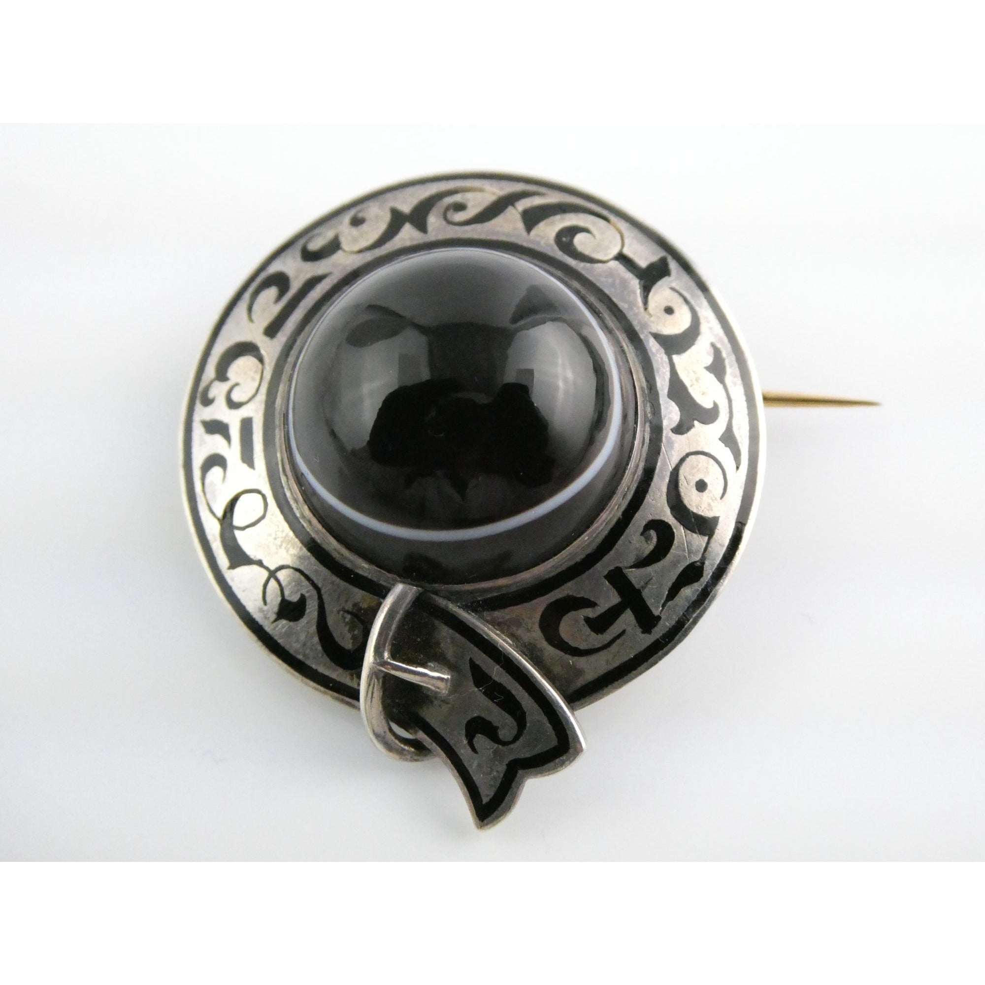 Antique Sterling Silver Black White Agate Buckle Brooch Gold Pin Bar 20g 38mm