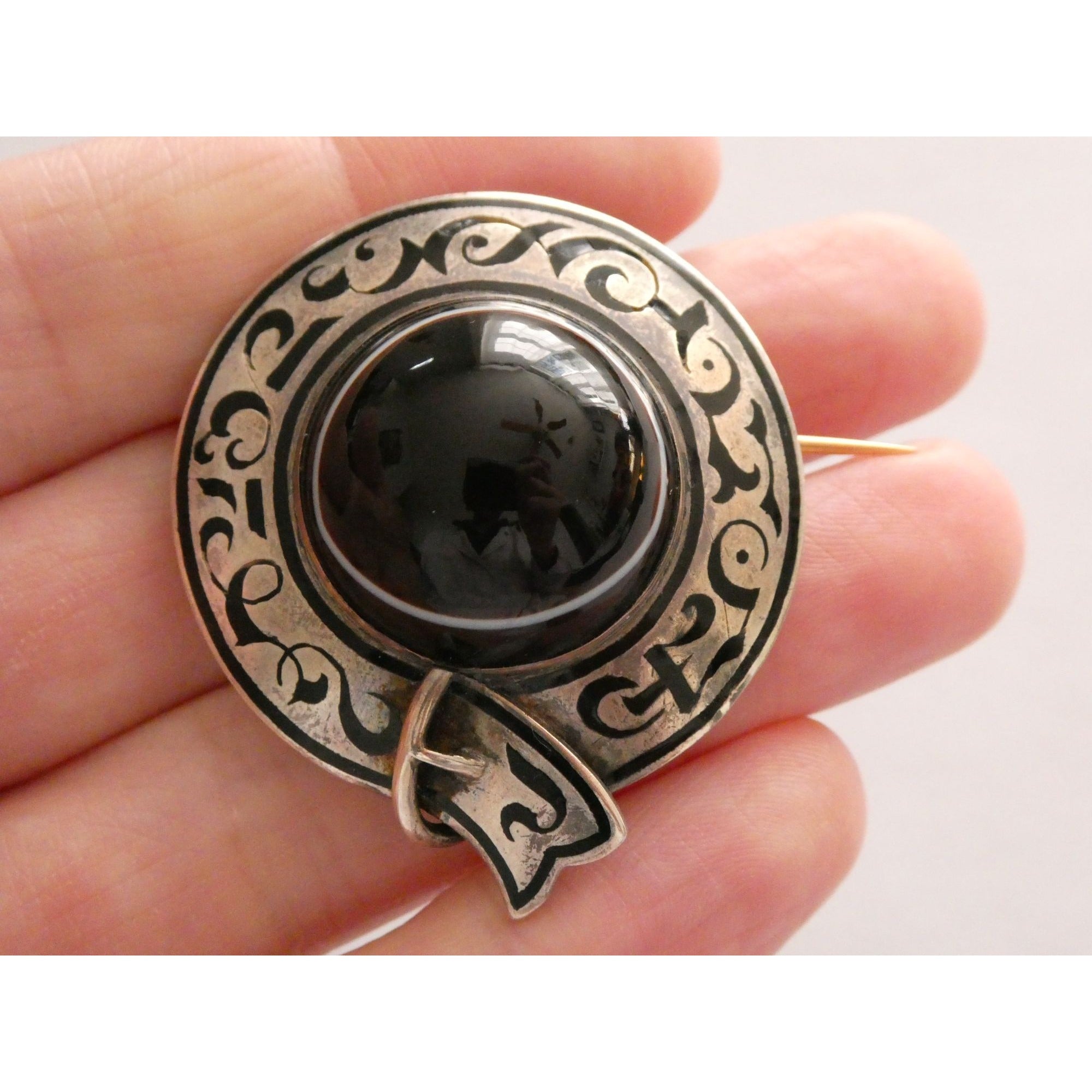 Antique Sterling Silver Black White Agate Buckle Brooch Gold Pin Bar 20g 38mm