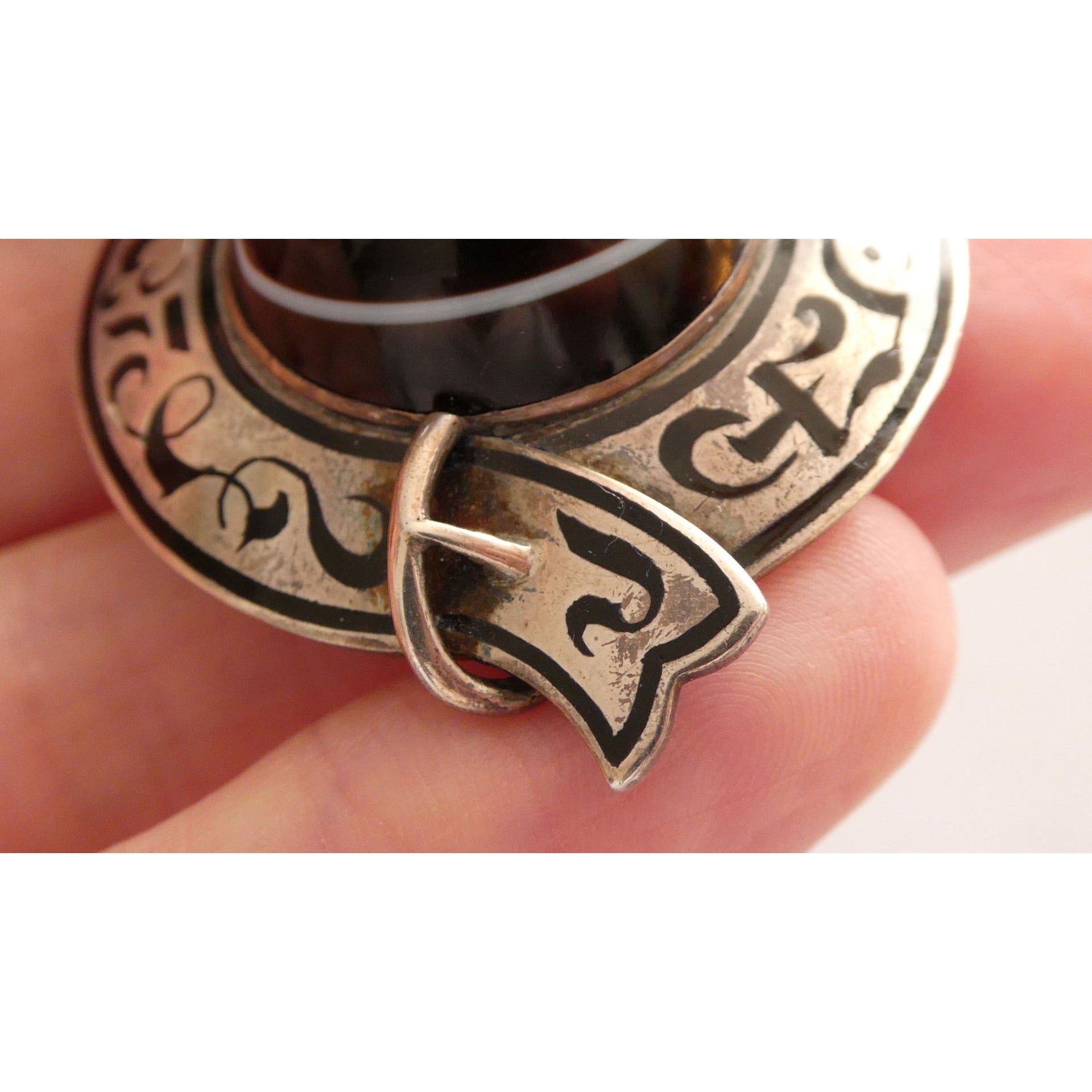 Antique Sterling Silver Black White Agate Buckle Brooch Gold Pin Bar 20g 38mm