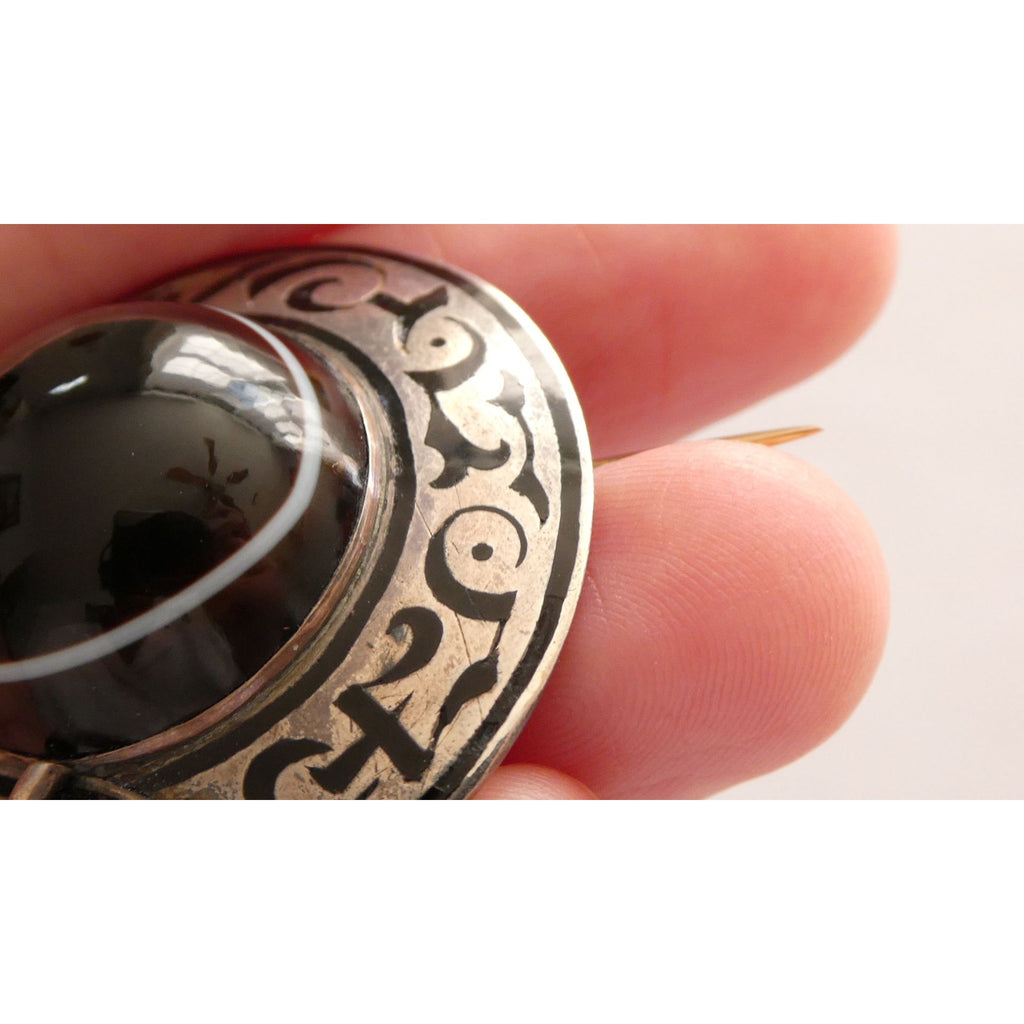 Antique Sterling Silver Black White Agate Buckle Brooch Gold Pin Bar 20g 38mm