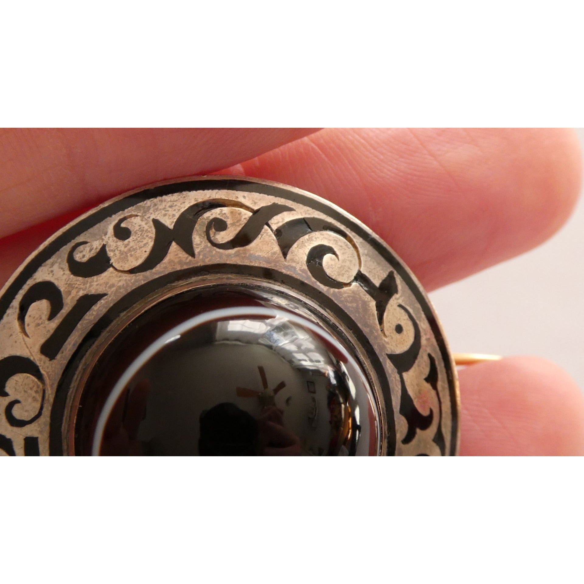 Antique Sterling Silver Black White Agate Buckle Brooch Gold Pin Bar 20g 38mm