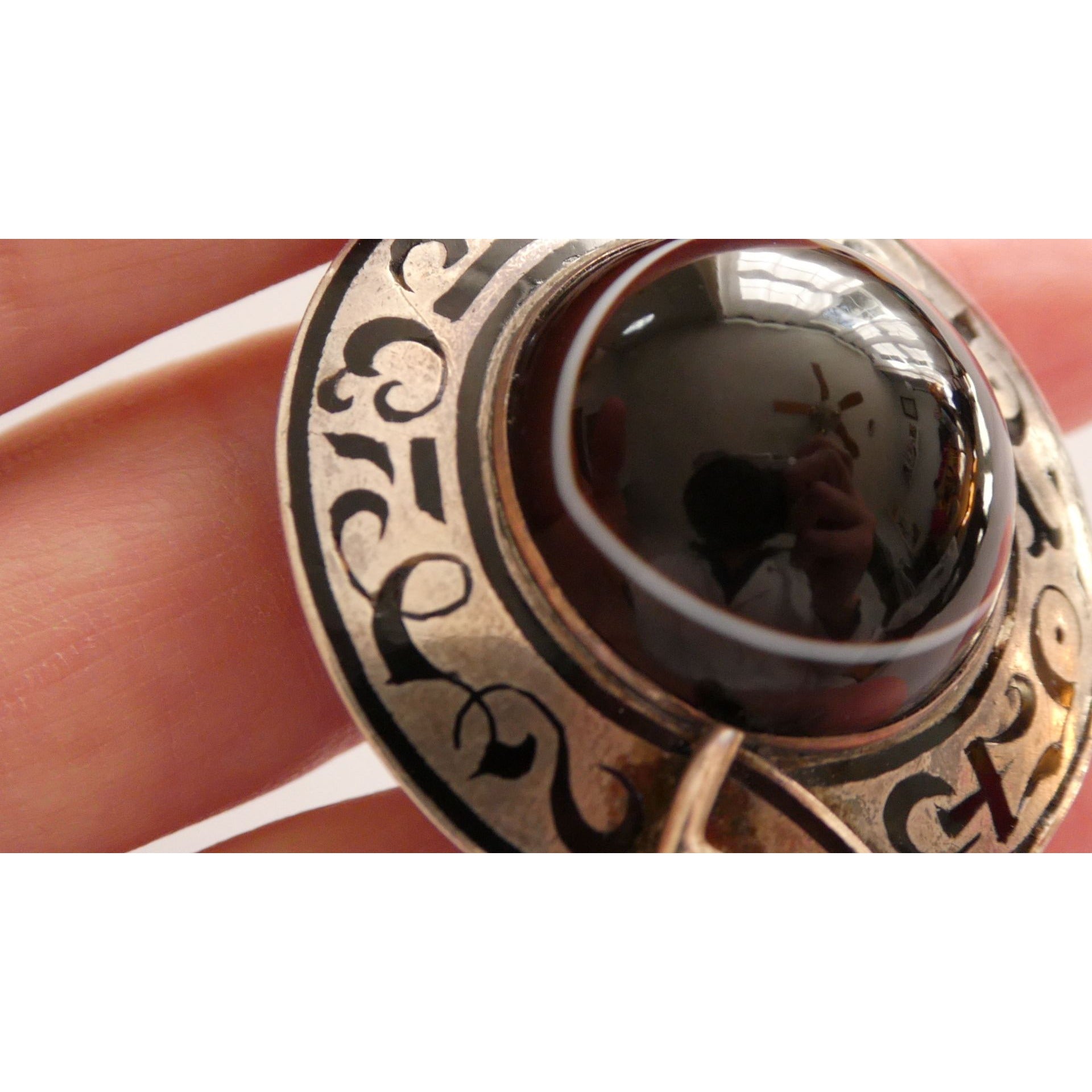 Antique Sterling Silver Black White Agate Buckle Brooch Gold Pin Bar 20g 38mm