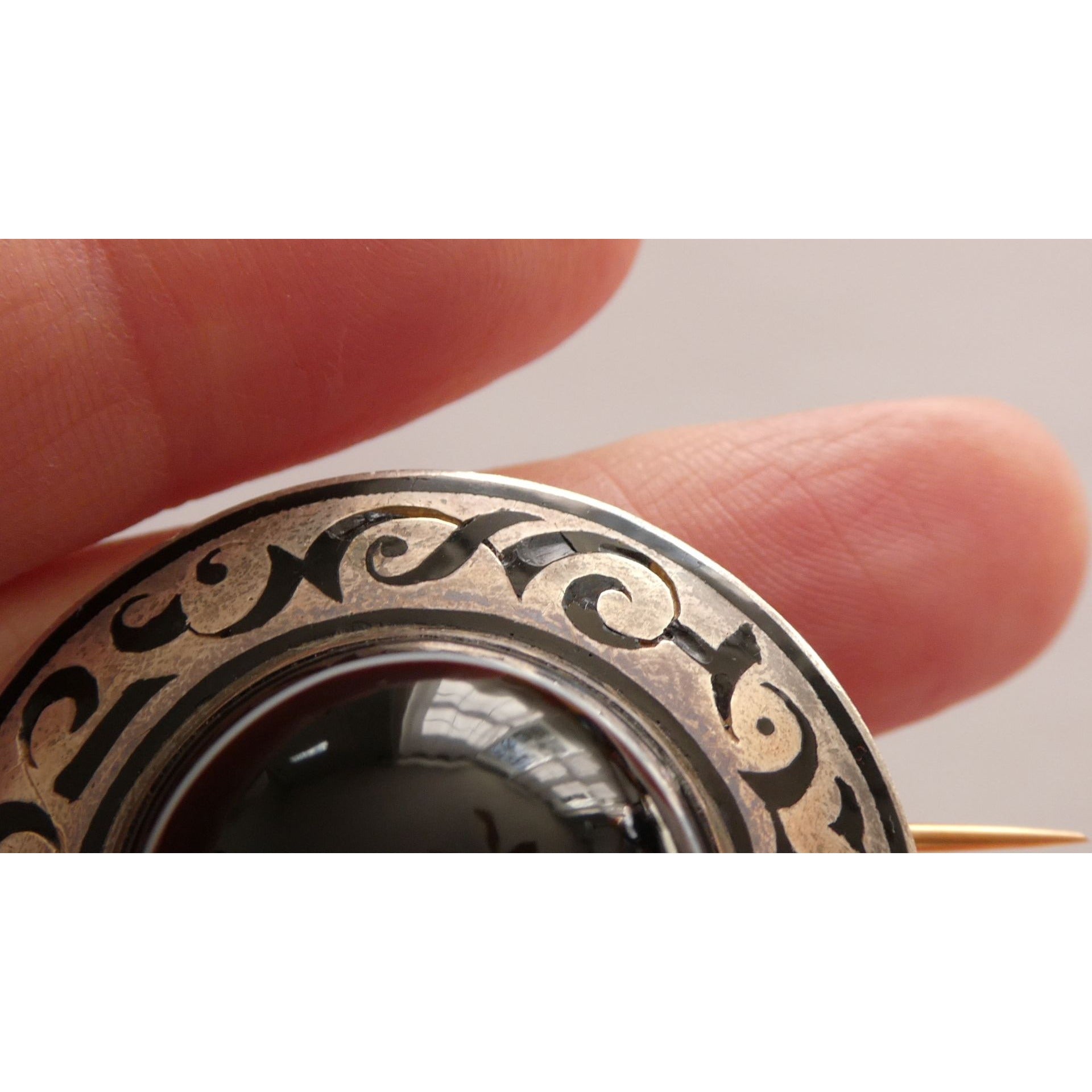 Antique Sterling Silver Black White Agate Buckle Brooch Gold Pin Bar 20g 38mm