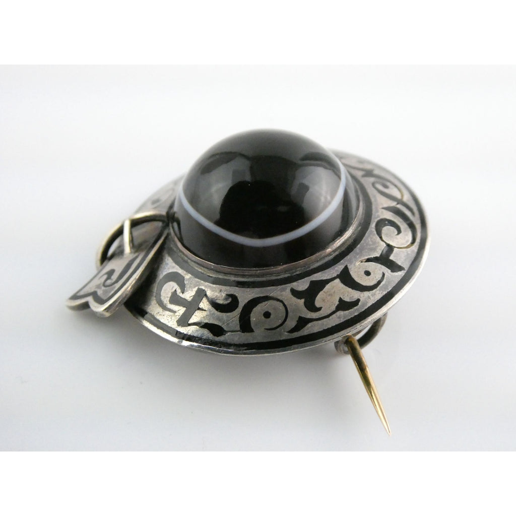 Antique Sterling Silver Black White Agate Buckle Brooch Gold Pin Bar 20g 38mm