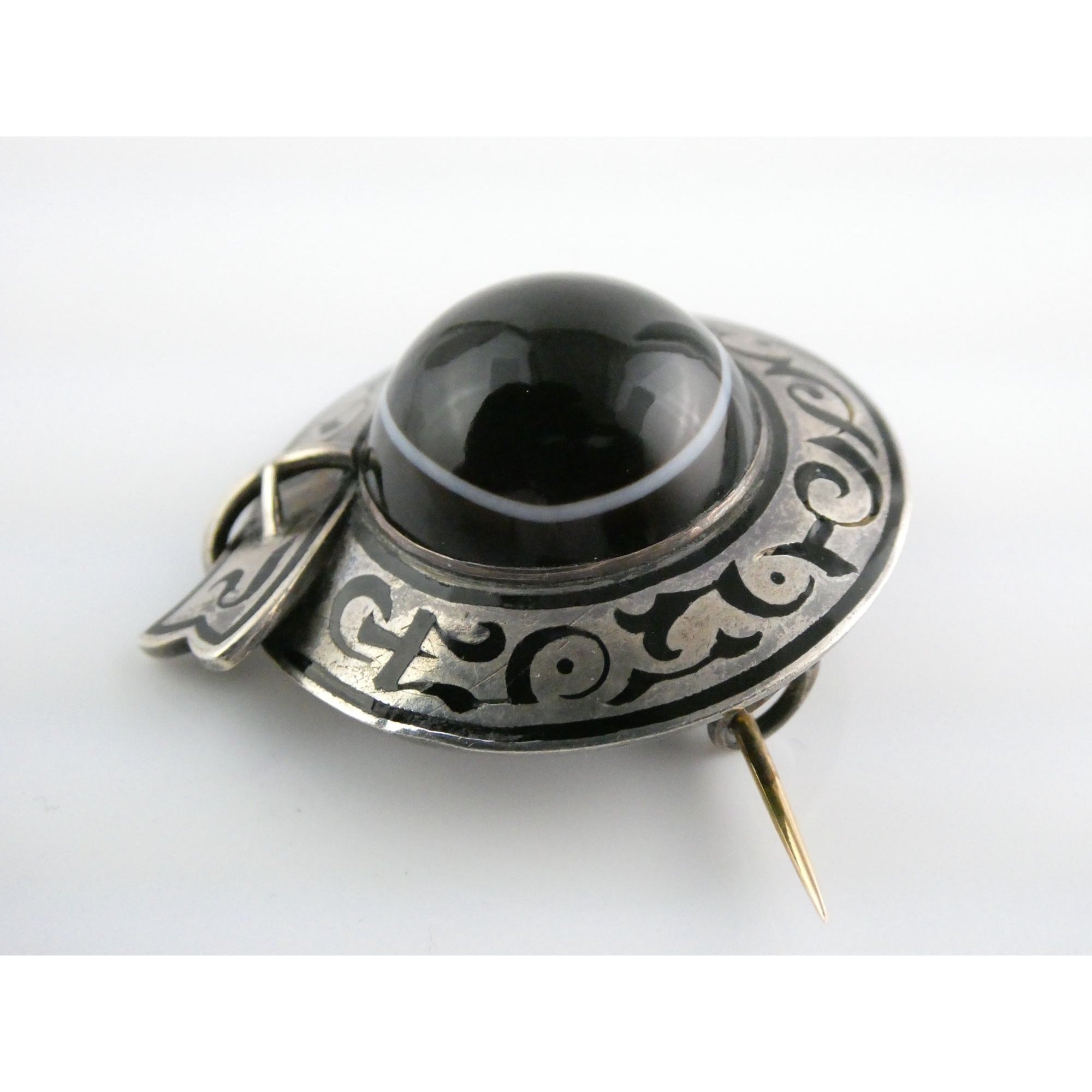 Antique Sterling Silver Black White Agate Buckle Brooch Gold Pin Bar 20g 38mm