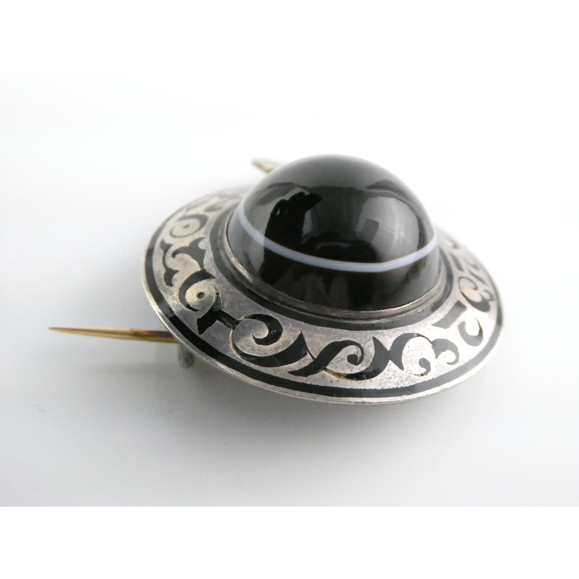 Antique Sterling Silver Black White Agate Buckle Brooch Gold Pin Bar 20g 38mm
