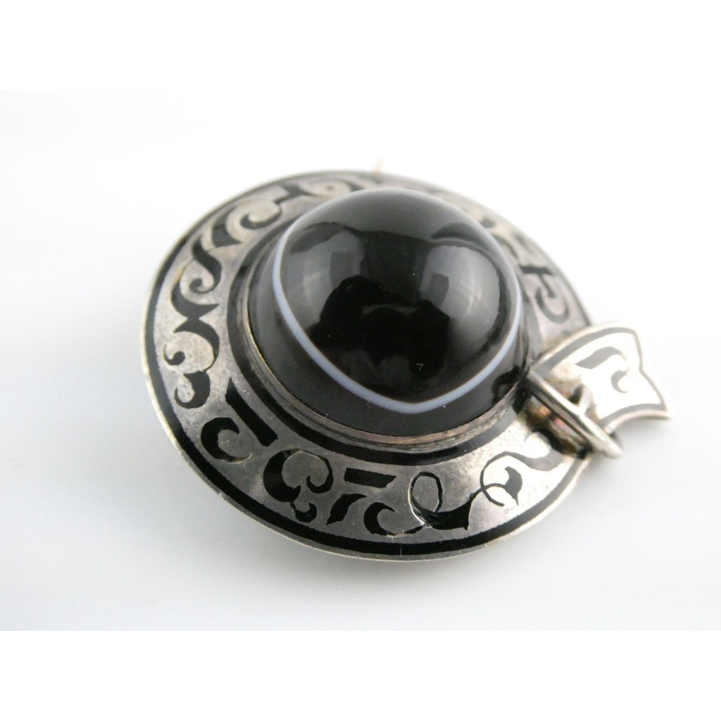 Antique Sterling Silver Black White Agate Buckle Brooch Gold Pin Bar 20g 38mm