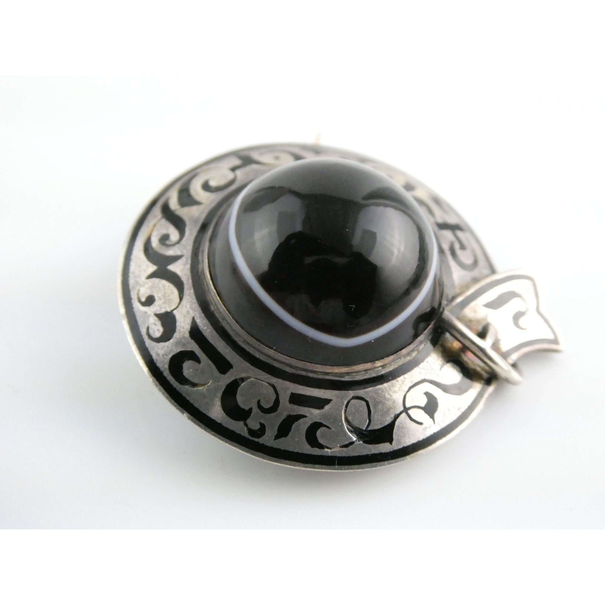 Antique Sterling Silver Black White Agate Buckle Brooch Gold Pin Bar 20g 38mm