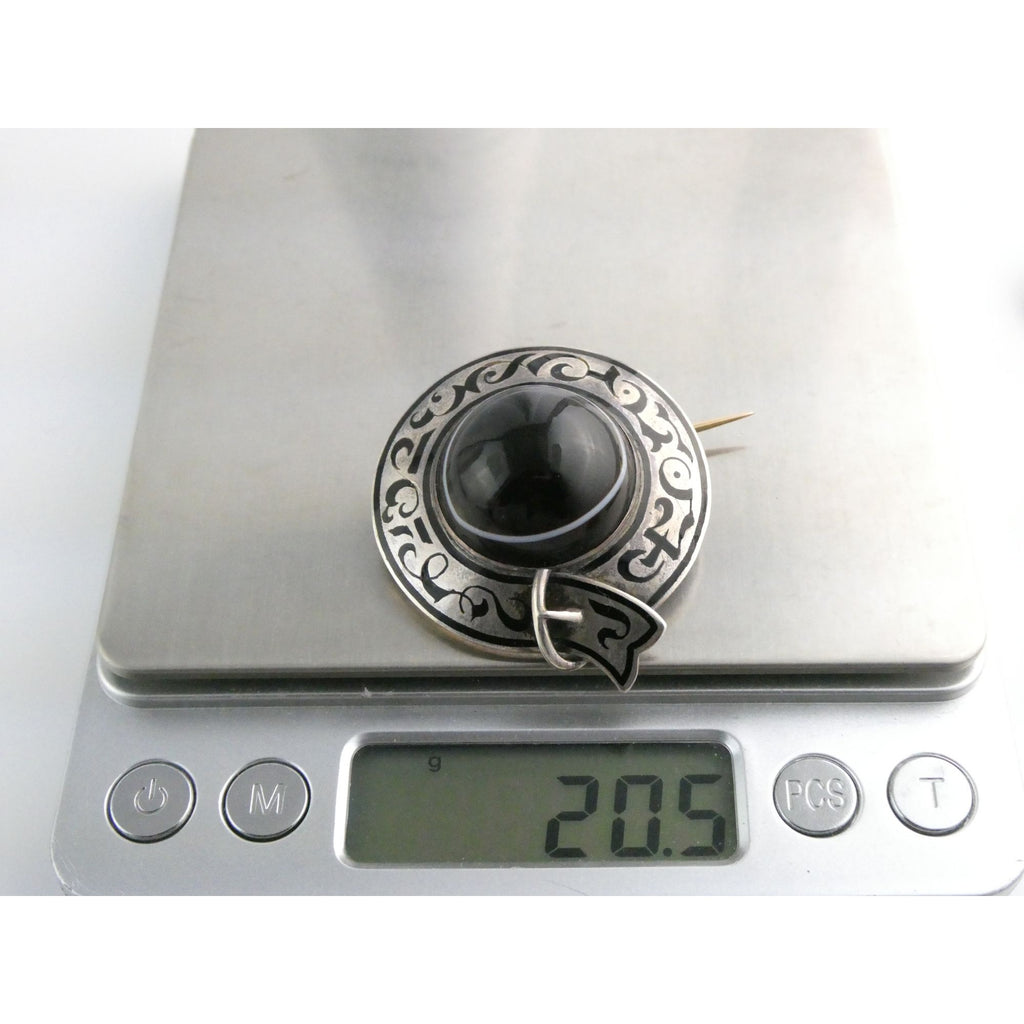 Antique Sterling Silver Black White Agate Buckle Brooch Gold Pin Bar 20g 38mm