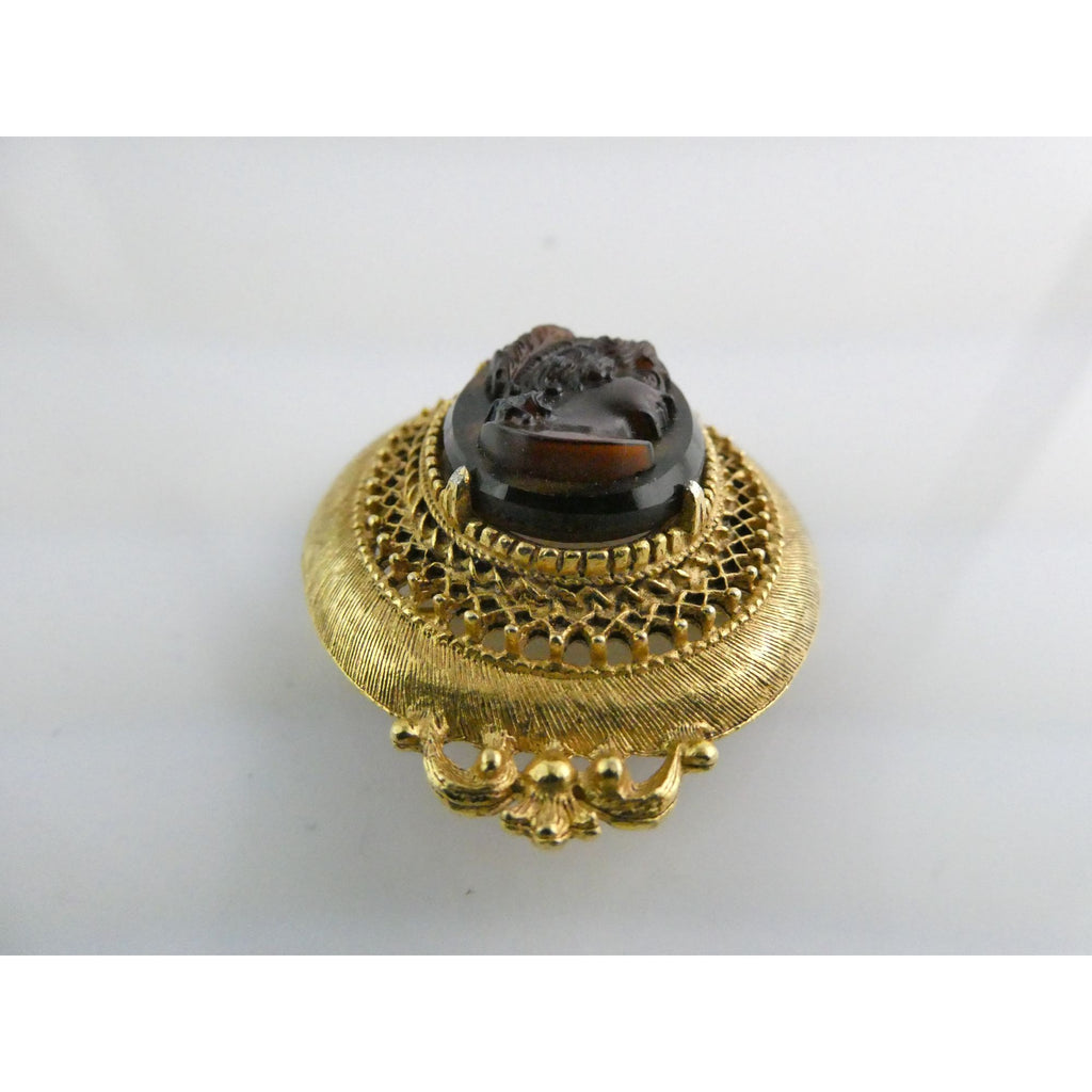 Vintage Florenza Goldtone Metal Faux Shell Cameo Pin Brooch 16.8g 49mm Length