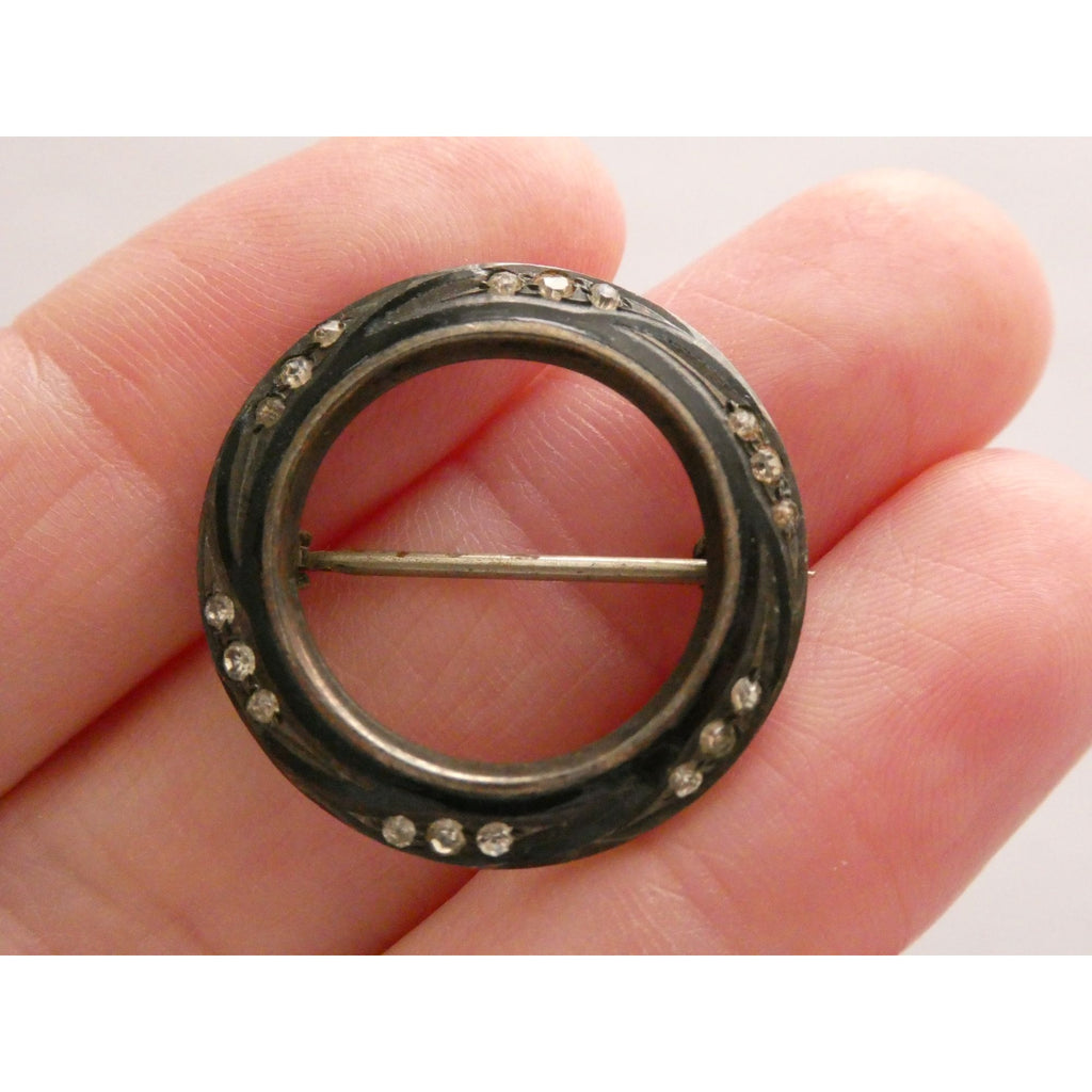 Vintage Art Deco Sterling Silver Black Enamel White Rhinestone Round Pin 5g 25mm