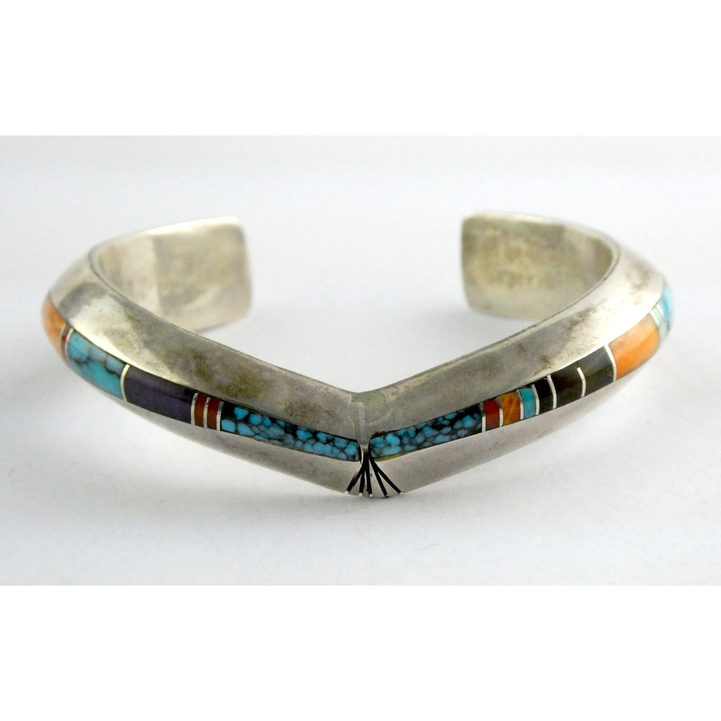 Douglas Nava Taos NA Southwestern Sterling Silver Gem Inlay Cuff Bracelet 6.5 In