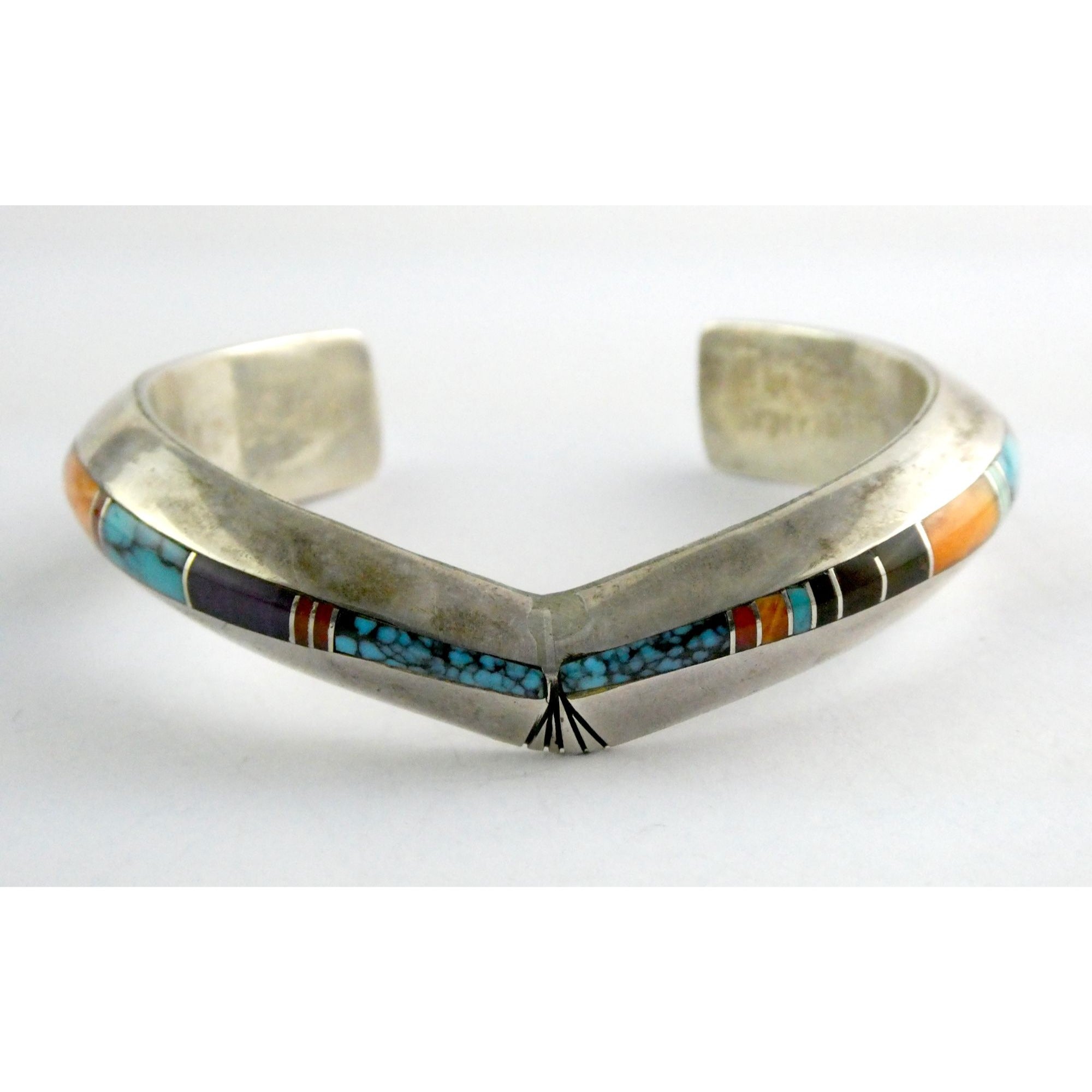 Douglas Nava Taos NA Southwestern Sterling Silver Gem Inlay Cuff Bracelet 6.5 In