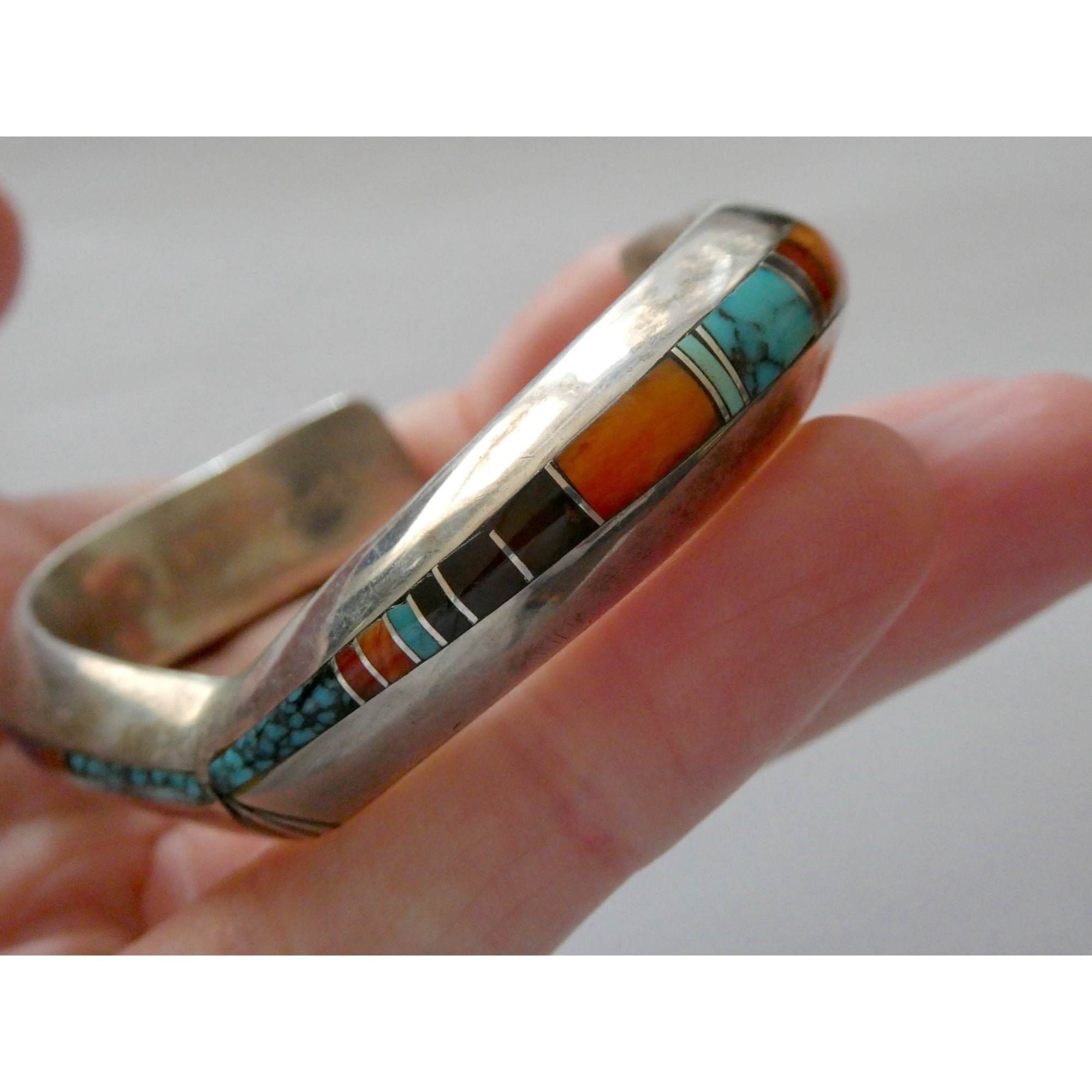 Douglas Nava Taos NA Southwestern Sterling Silver Gem Inlay Cuff Bracelet 6.5 In
