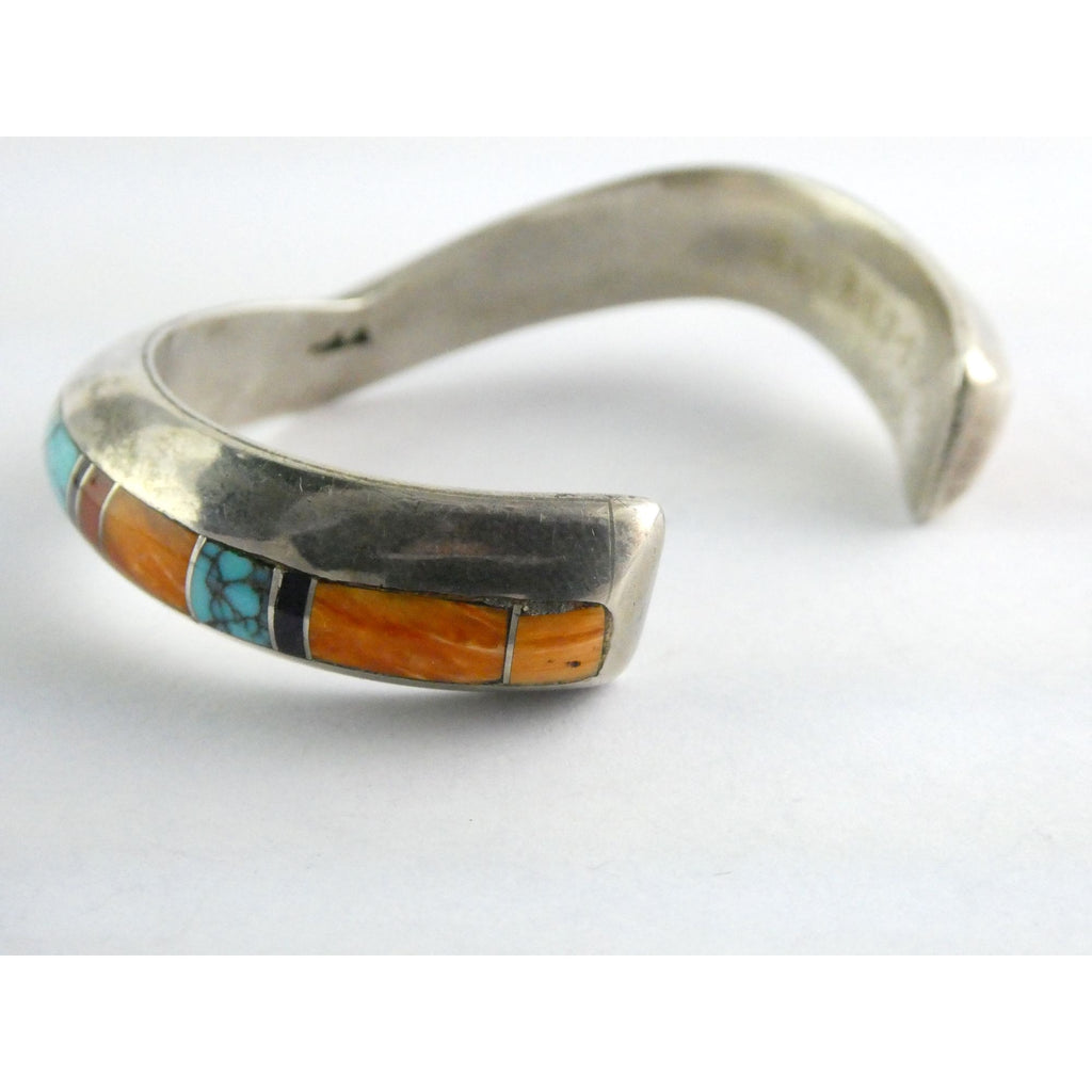 Douglas Nava Taos NA Southwestern Sterling Silver Gem Inlay Cuff Bracelet 6.5 In