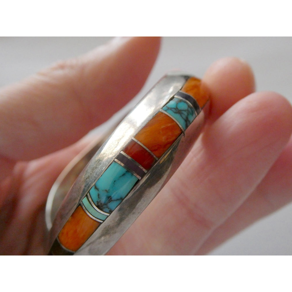 Douglas Nava Taos NA Southwestern Sterling Silver Gem Inlay Cuff Bracelet 6.5 In