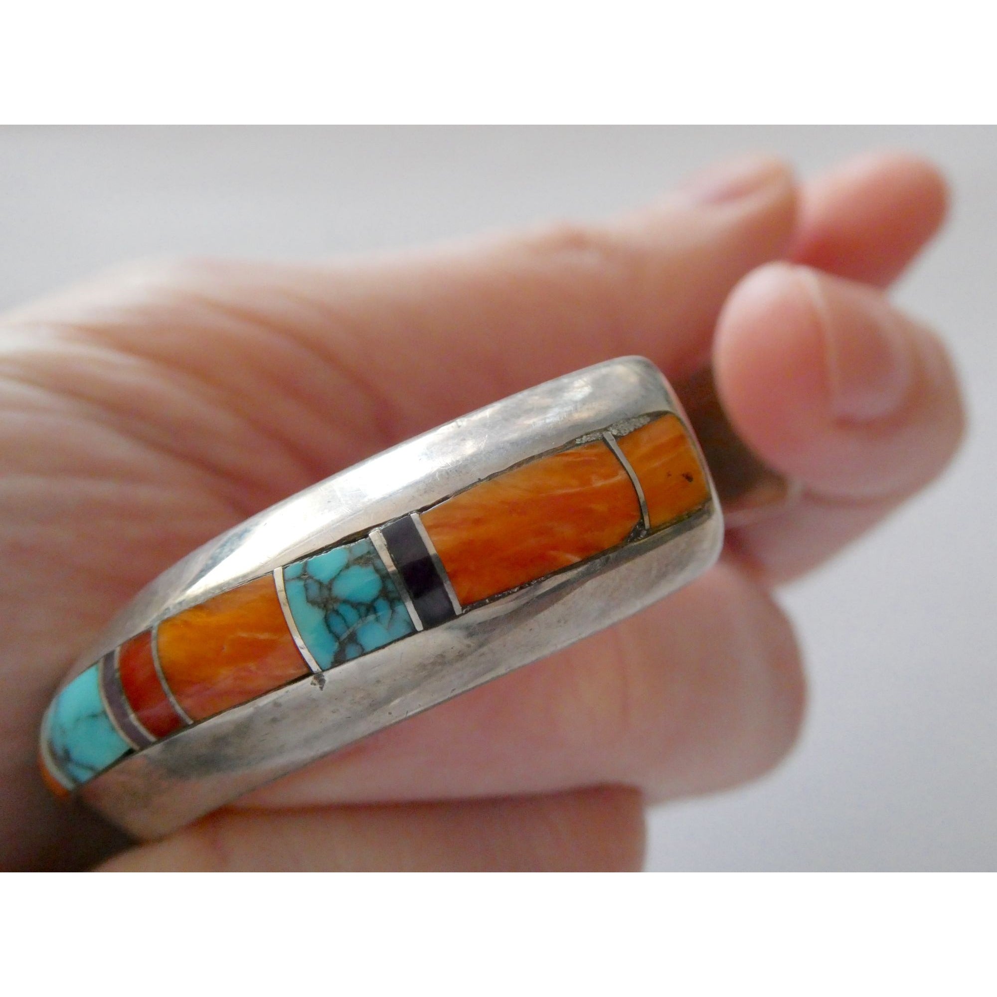 Douglas Nava Taos NA Southwestern Sterling Silver Gem Inlay Cuff Bracelet 6.5 In