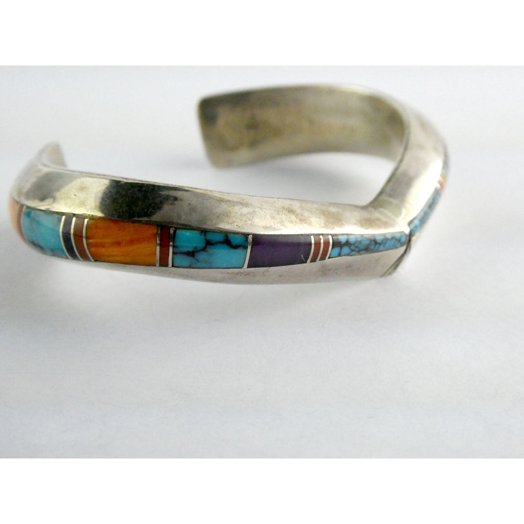 Douglas Nava Taos NA Southwestern Sterling Silver Gem Inlay Cuff Bracelet 6.5 In