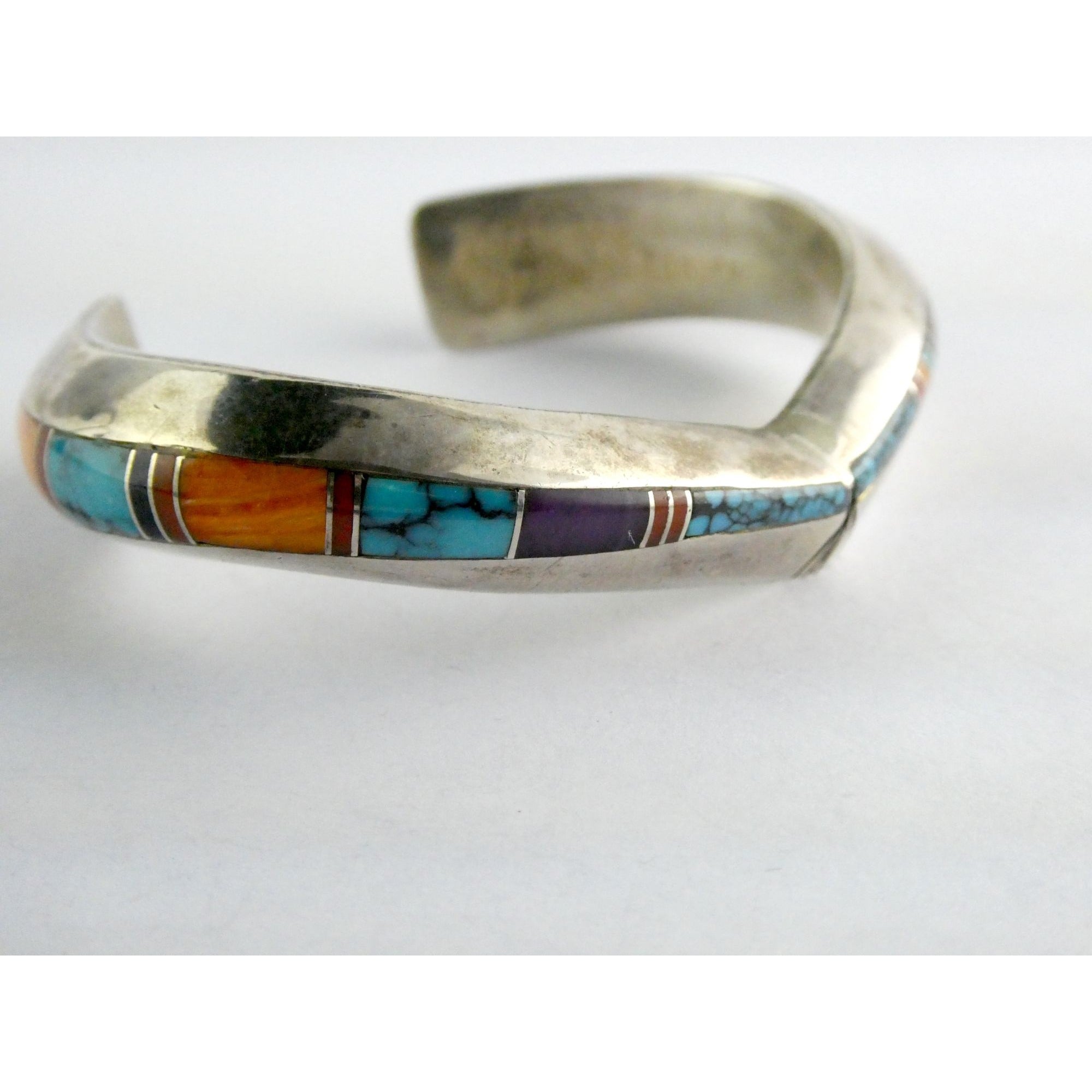 Douglas Nava Taos NA Southwestern Sterling Silver Gem Inlay Cuff Bracelet 6.5 In