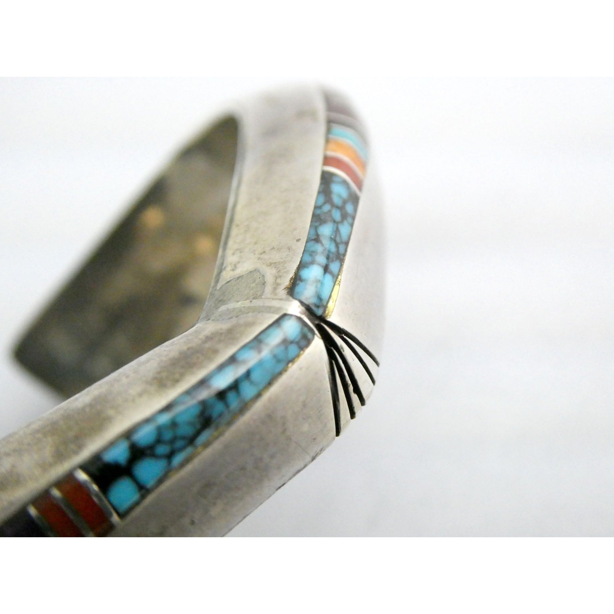 Douglas Nava Taos NA Southwestern Sterling Silver Gem Inlay Cuff Bracelet 6.5 In