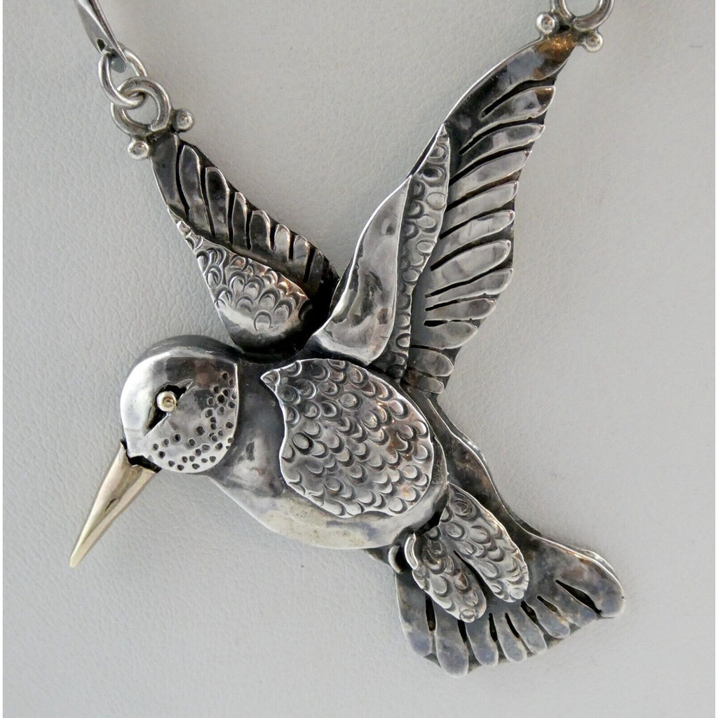 Artisan Sterling Silver and 14k Yellow Gold Hummingbird Pendant Necklace 30.4g