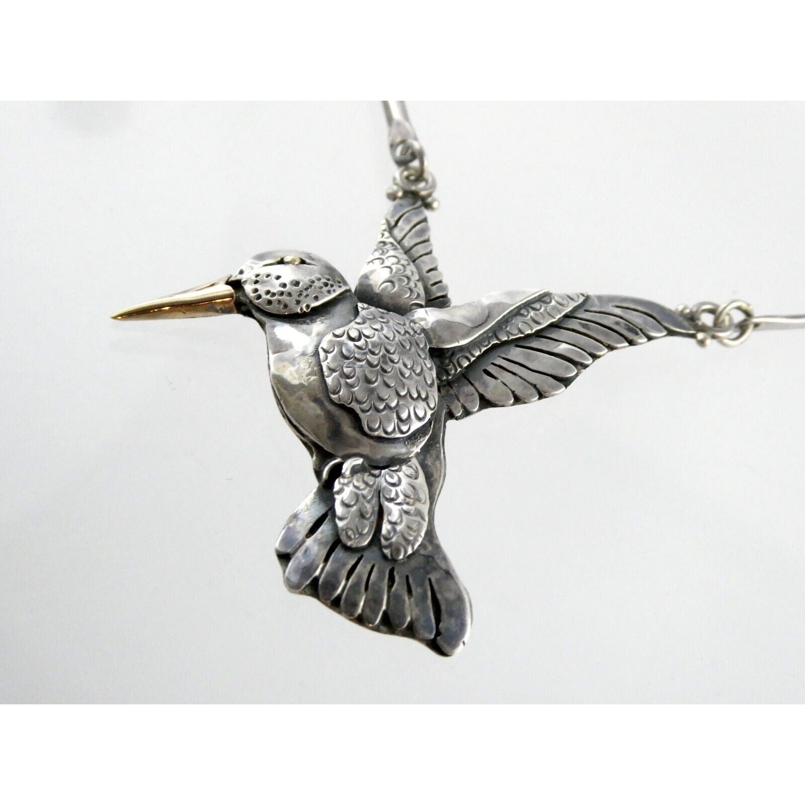 Artisan Sterling Silver and 14k Yellow Gold Hummingbird Pendant Necklace 30.4g