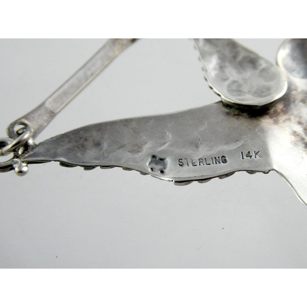 Artisan Sterling Silver and 14k Yellow Gold Hummingbird Pendant Necklace 30.4g
