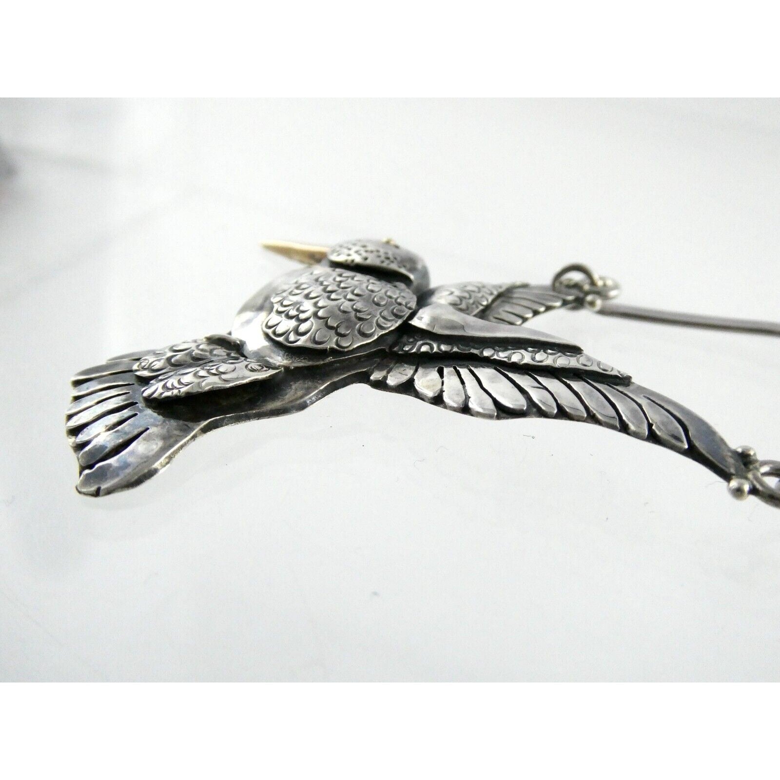 Artisan Sterling Silver and 14k Yellow Gold Hummingbird Pendant Necklace 30.4g