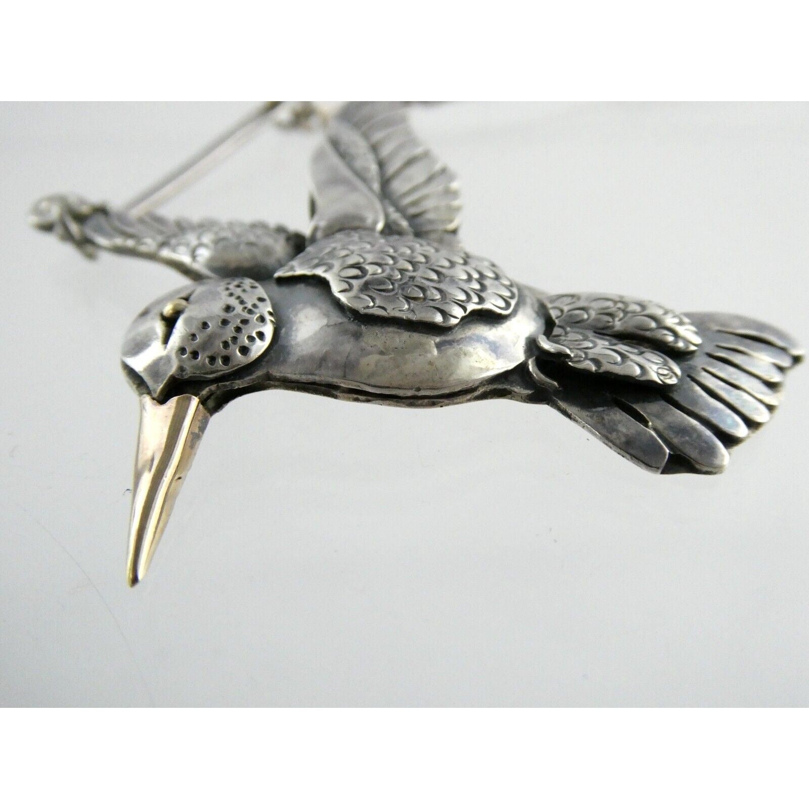 Artisan Sterling Silver and 14k Yellow Gold Hummingbird Pendant Necklace 30.4g