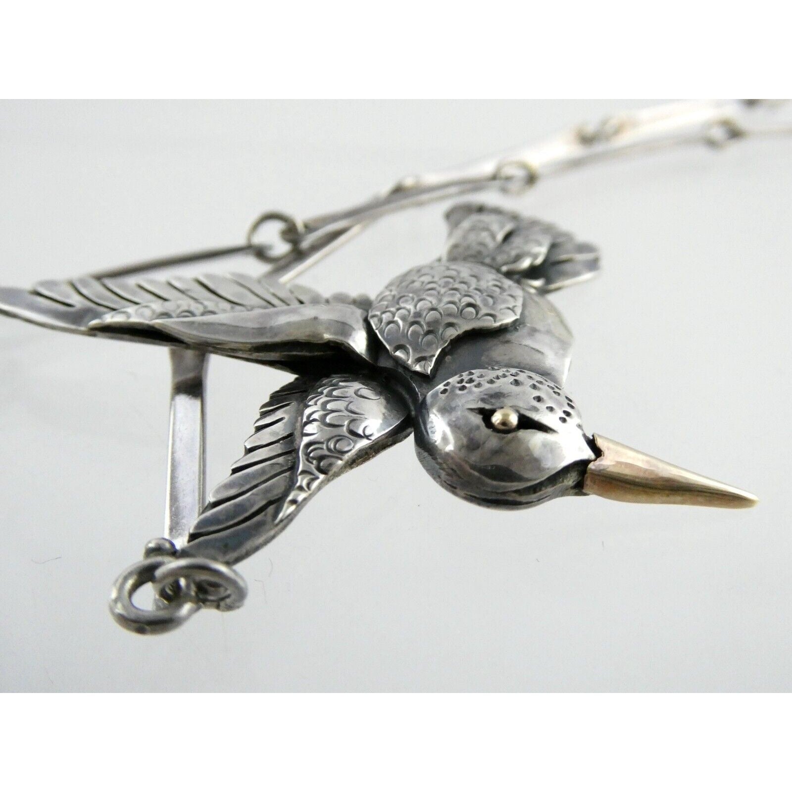Artisan Sterling Silver and 14k Yellow Gold Hummingbird Pendant Necklace 30.4g