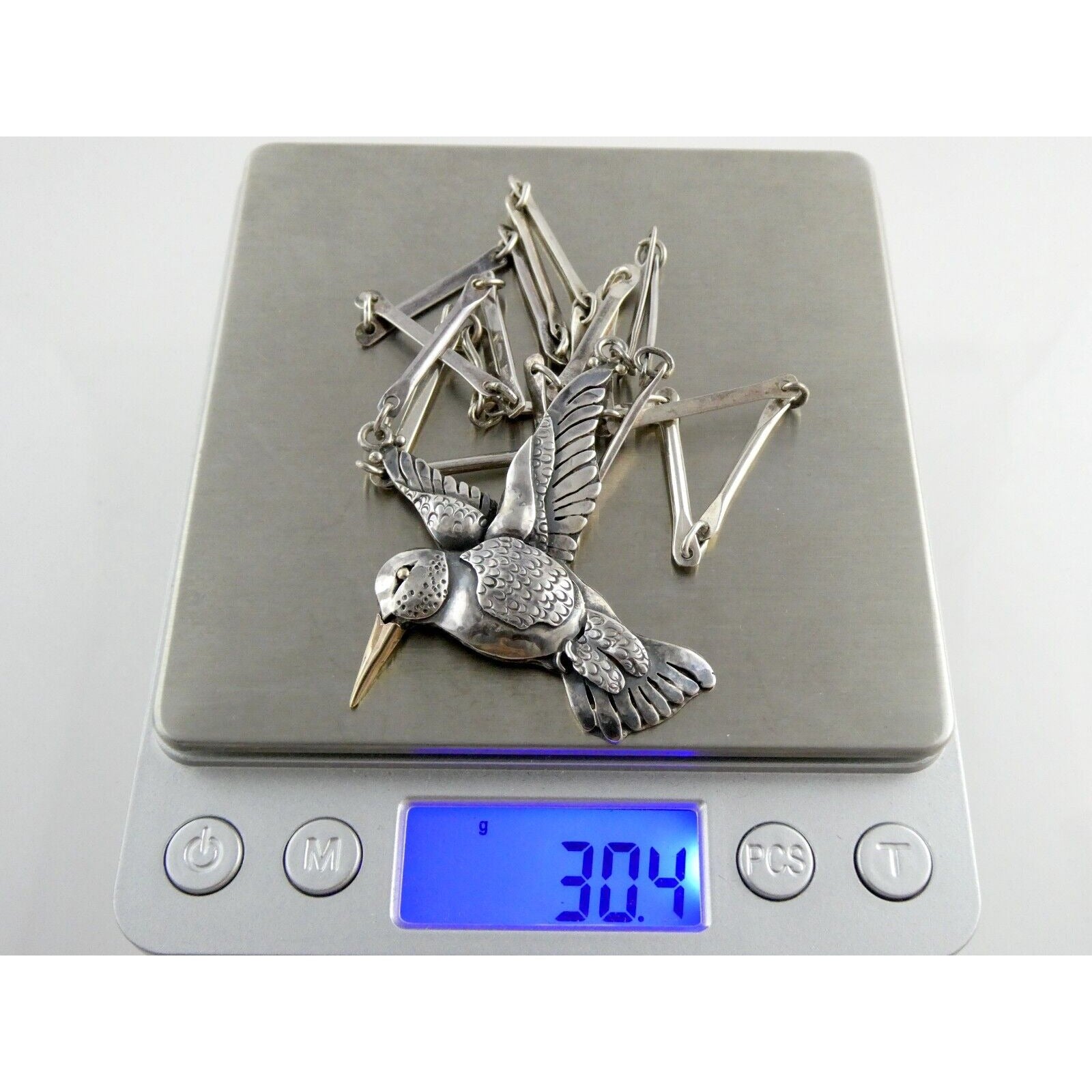 Artisan Sterling Silver and 14k Yellow Gold Hummingbird Pendant Necklace 30.4g