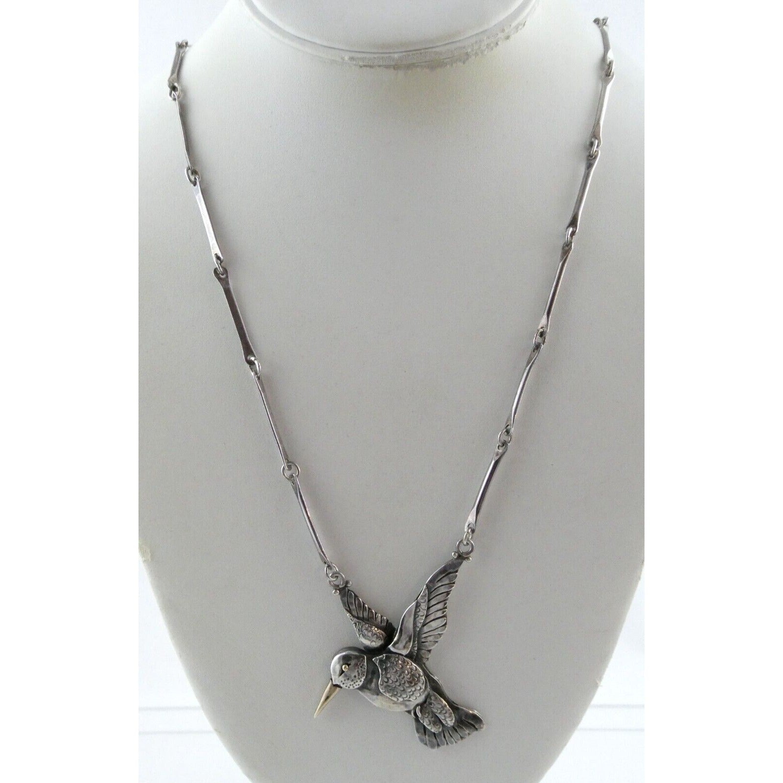 Artisan Sterling Silver and 14k Yellow Gold Hummingbird Pendant Necklace 30.4g