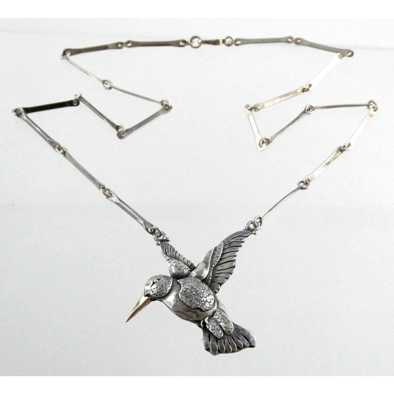Artisan Sterling Silver and 14k Yellow Gold Hummingbird Pendant Necklace 30.4g
