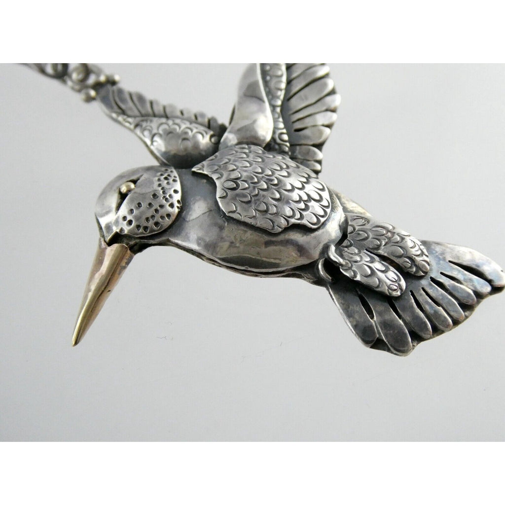 Artisan Sterling Silver and 14k Yellow Gold Hummingbird Pendant Necklace 30.4g