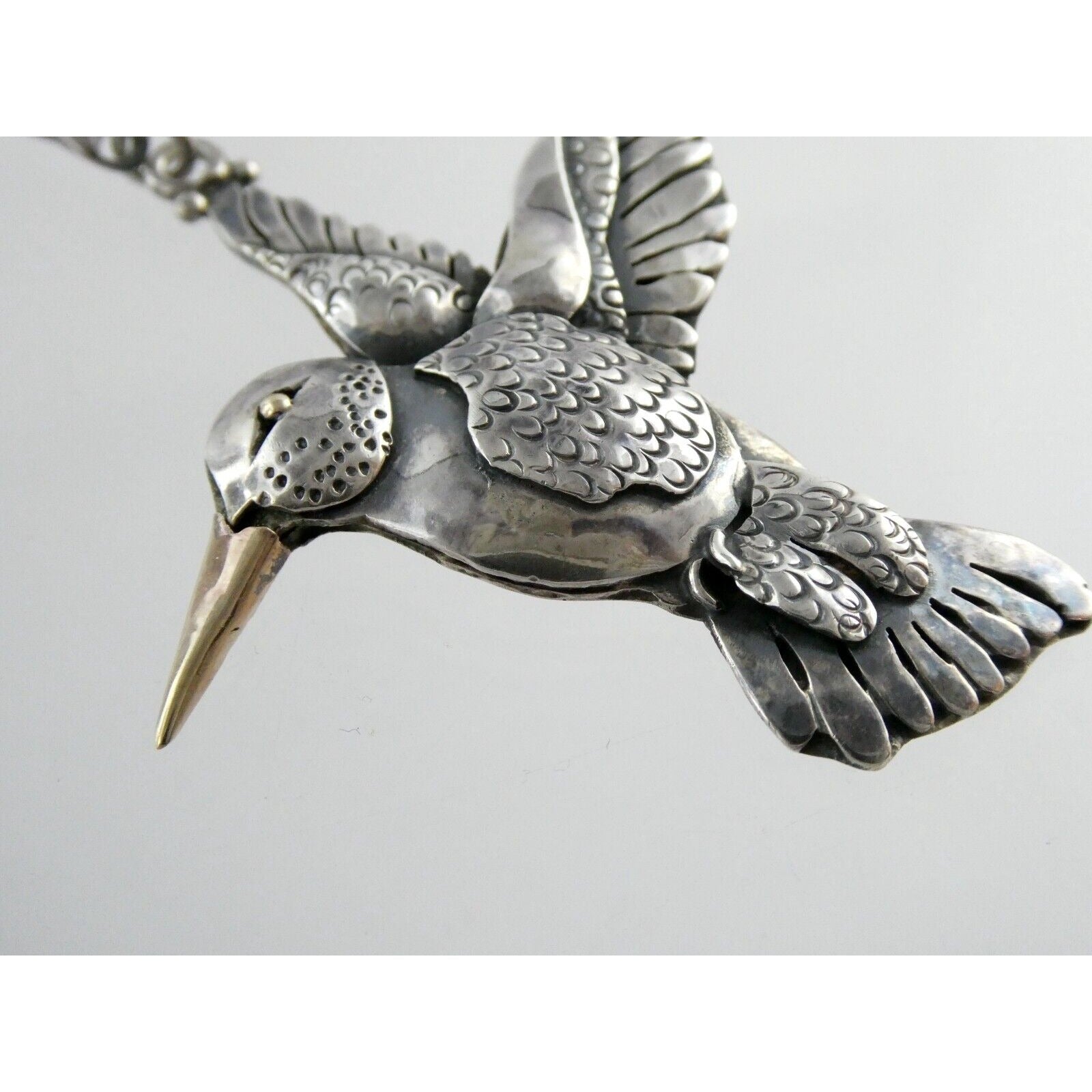 Artisan Sterling Silver and 14k Yellow Gold Hummingbird Pendant Necklace 30.4g