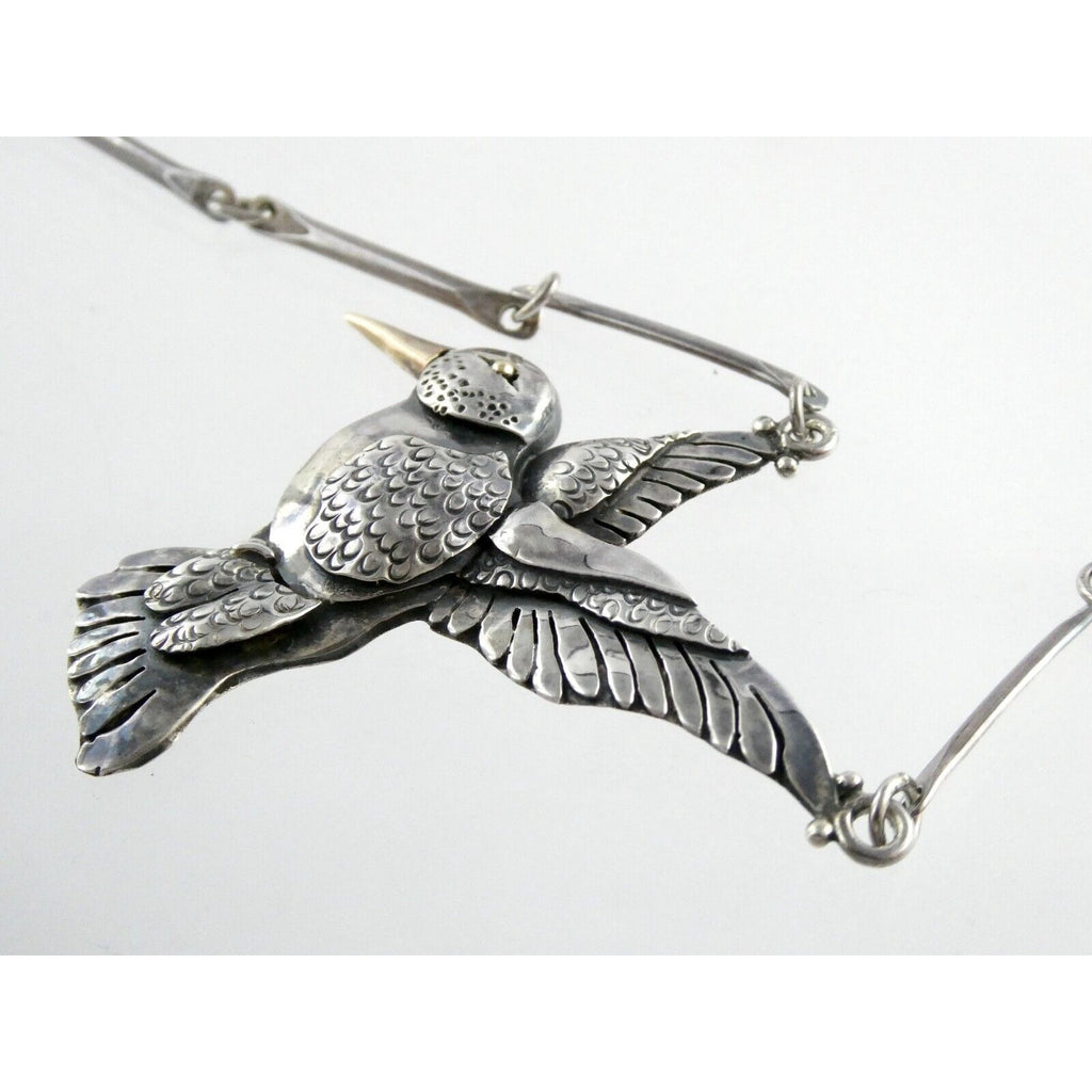 Artisan Sterling Silver and 14k Yellow Gold Hummingbird Pendant Necklace 30.4g