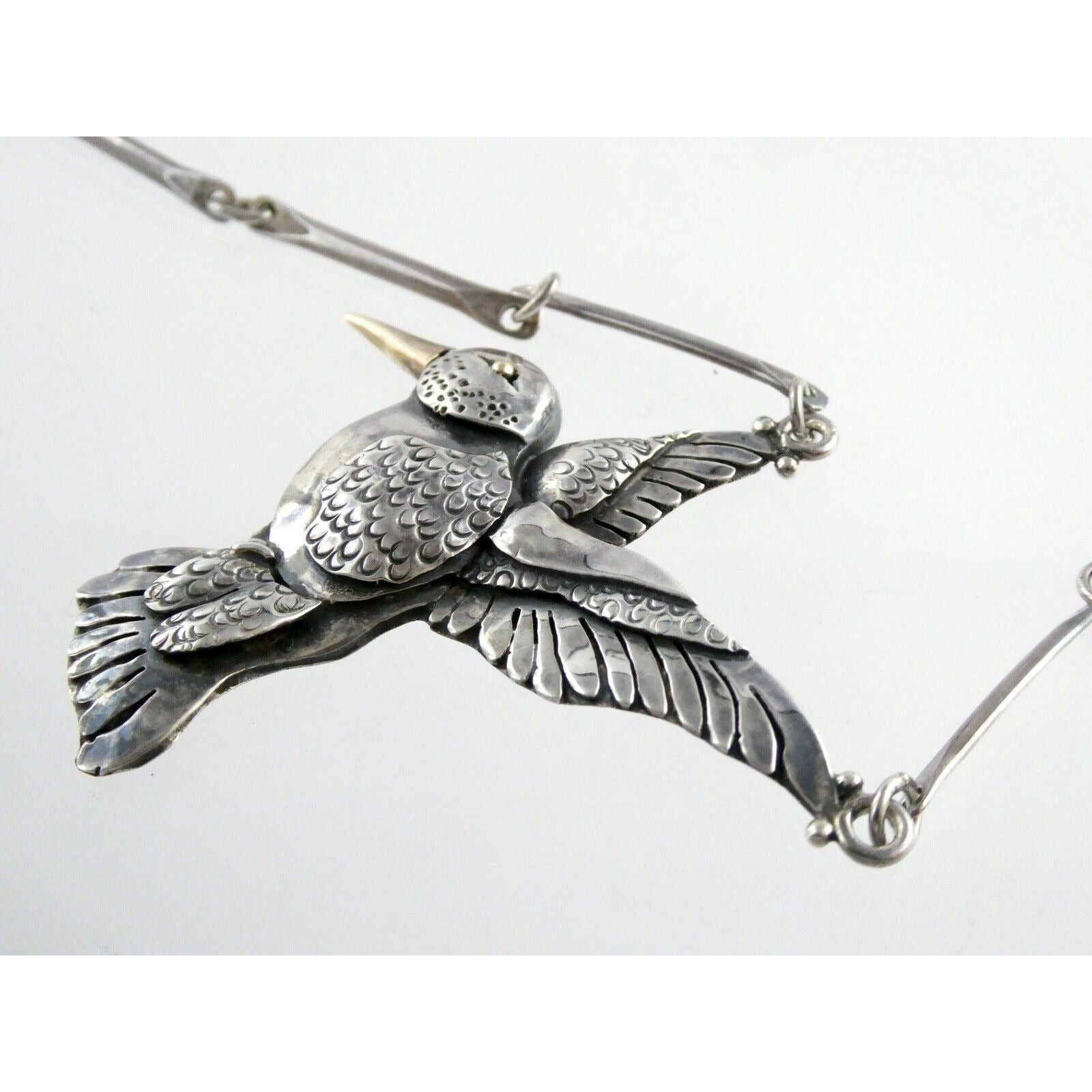 Artisan Sterling Silver and 14k Yellow Gold Hummingbird Pendant Necklace 30.4g