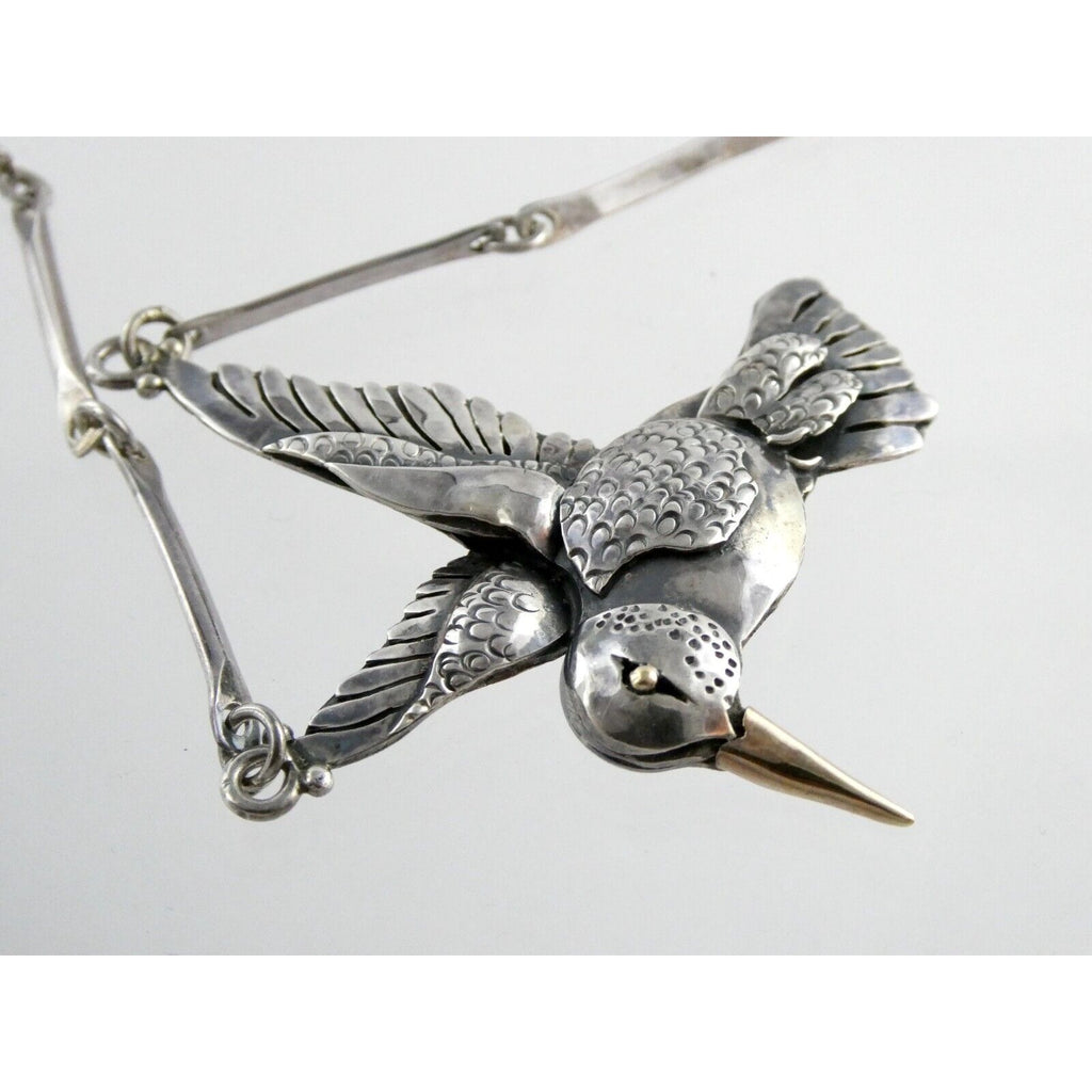 Artisan Sterling Silver and 14k Yellow Gold Hummingbird Pendant Necklace 30.4g