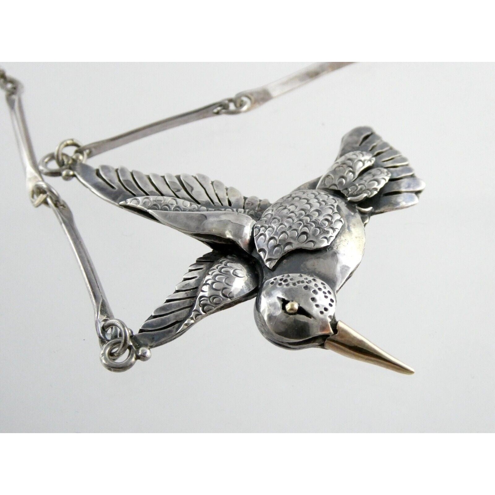 Artisan Sterling Silver and 14k Yellow Gold Hummingbird Pendant Necklace 30.4g