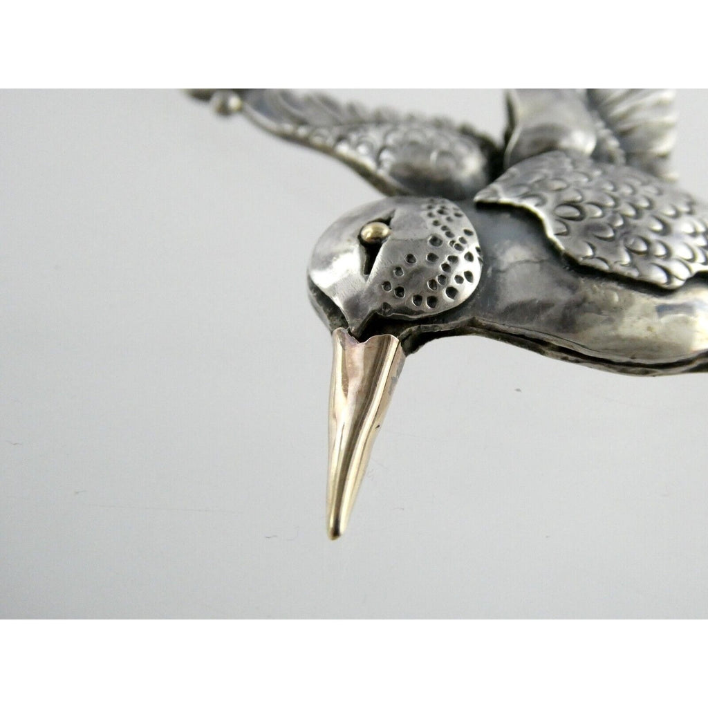 Artisan Sterling Silver and 14k Yellow Gold Hummingbird Pendant Necklace 30.4g