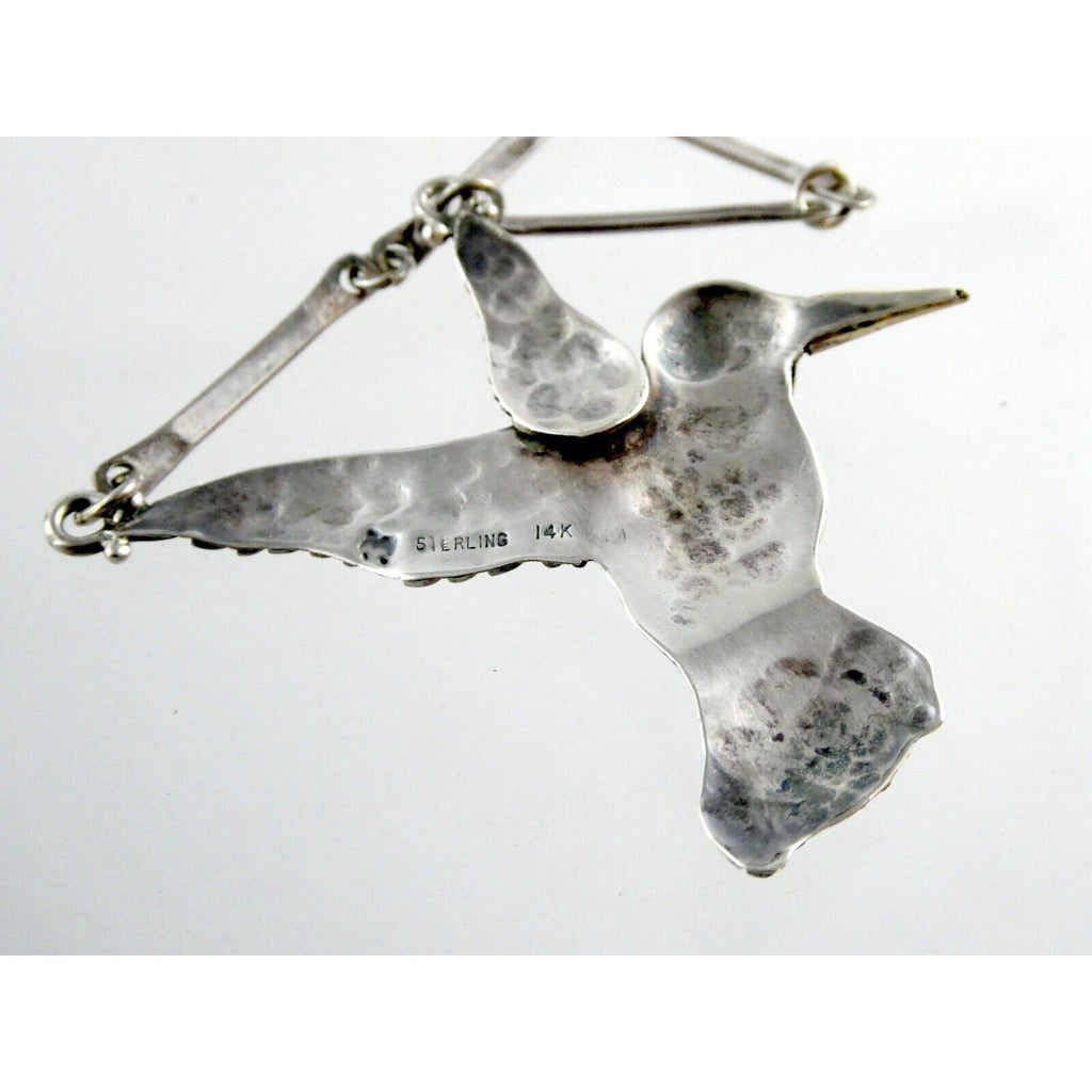 Artisan Sterling Silver and 14k Yellow Gold Hummingbird Pendant Necklace 30.4g