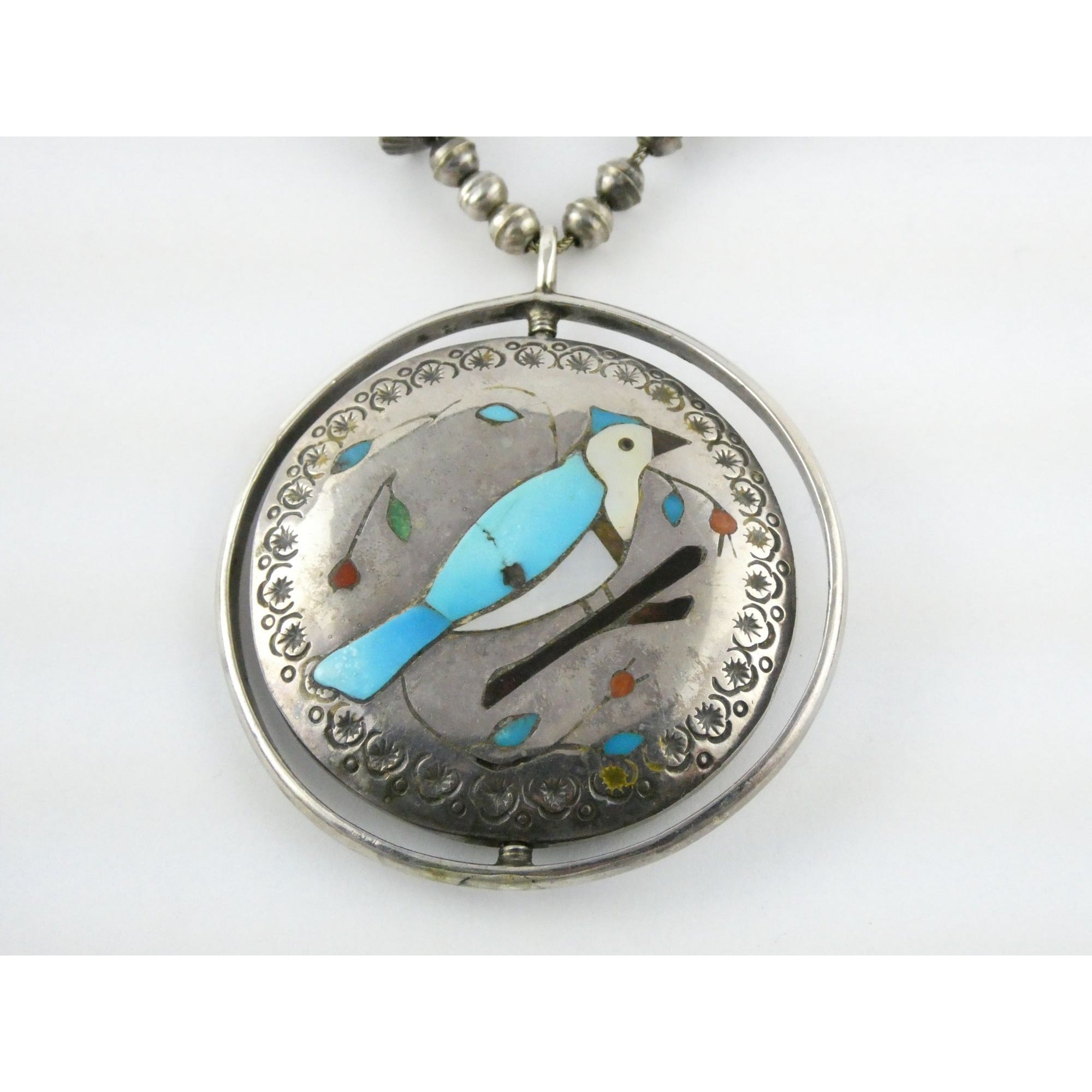Southwestern Sterling Silver Zuni Inlay Spinner Pendant Necklace Navajo Pearls