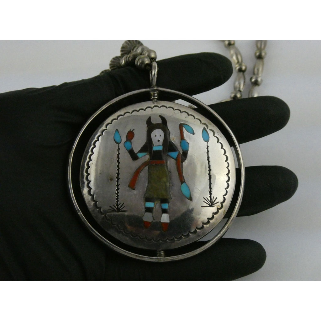 Southwestern Sterling Silver Zuni Inlay Spinner Pendant Necklace Navajo Pearls